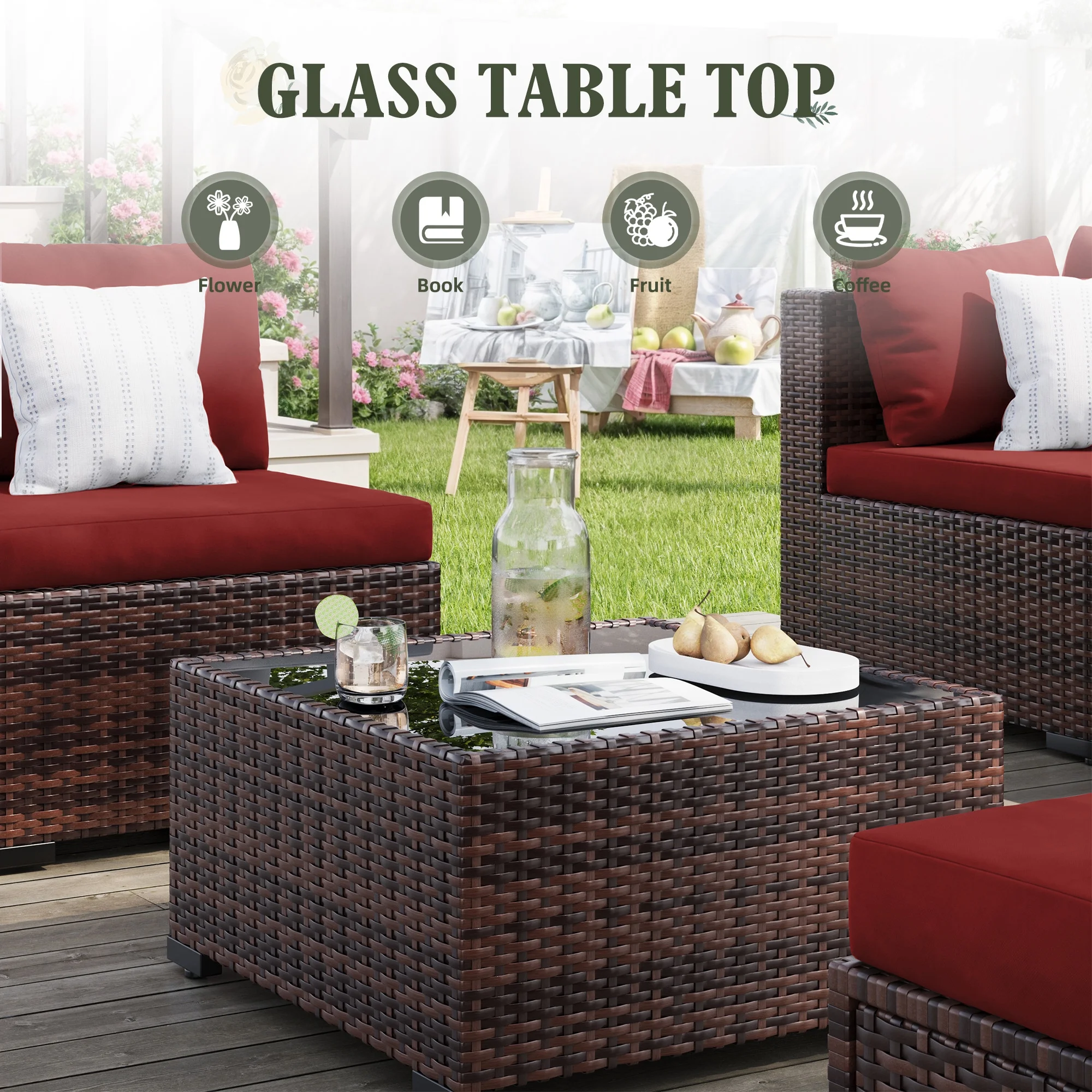 7 Pieces Patio Conversation Set, Outdoor Sectional PE Rattan Wicker Furniture Seat,Dark Gray - Image 20