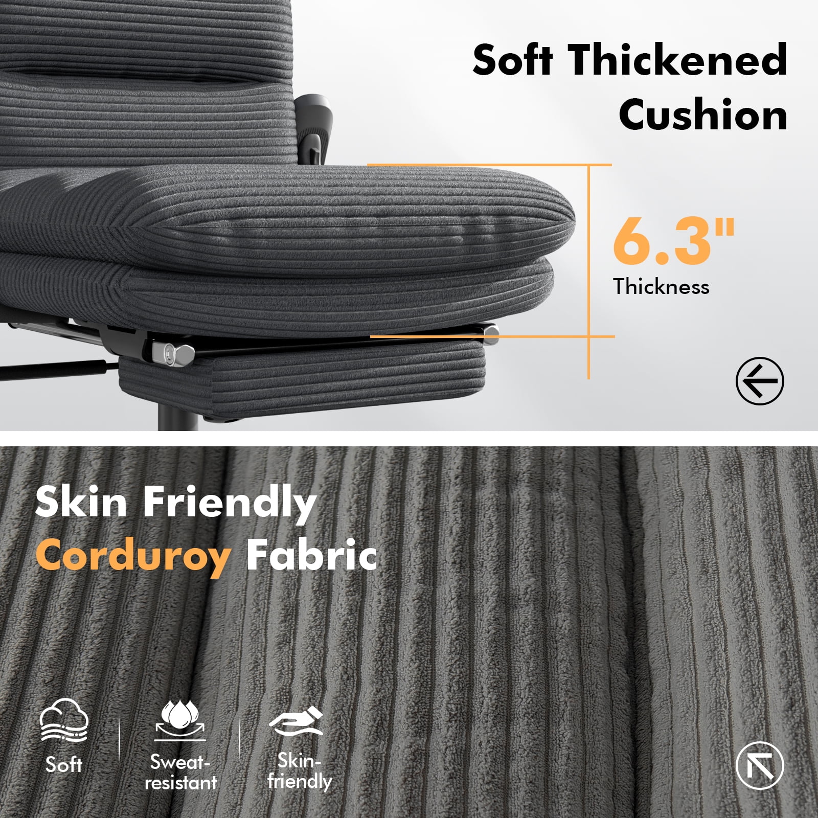 HomeZeer Ergonomic Cross-Legged Office Chair with Footrest & Headrest, Heavy Duty Executive Desk Chair with Flip-up Armrests, Corduroy Fabric Computer Criss Cross Chair for Home Office, Black - Image 13