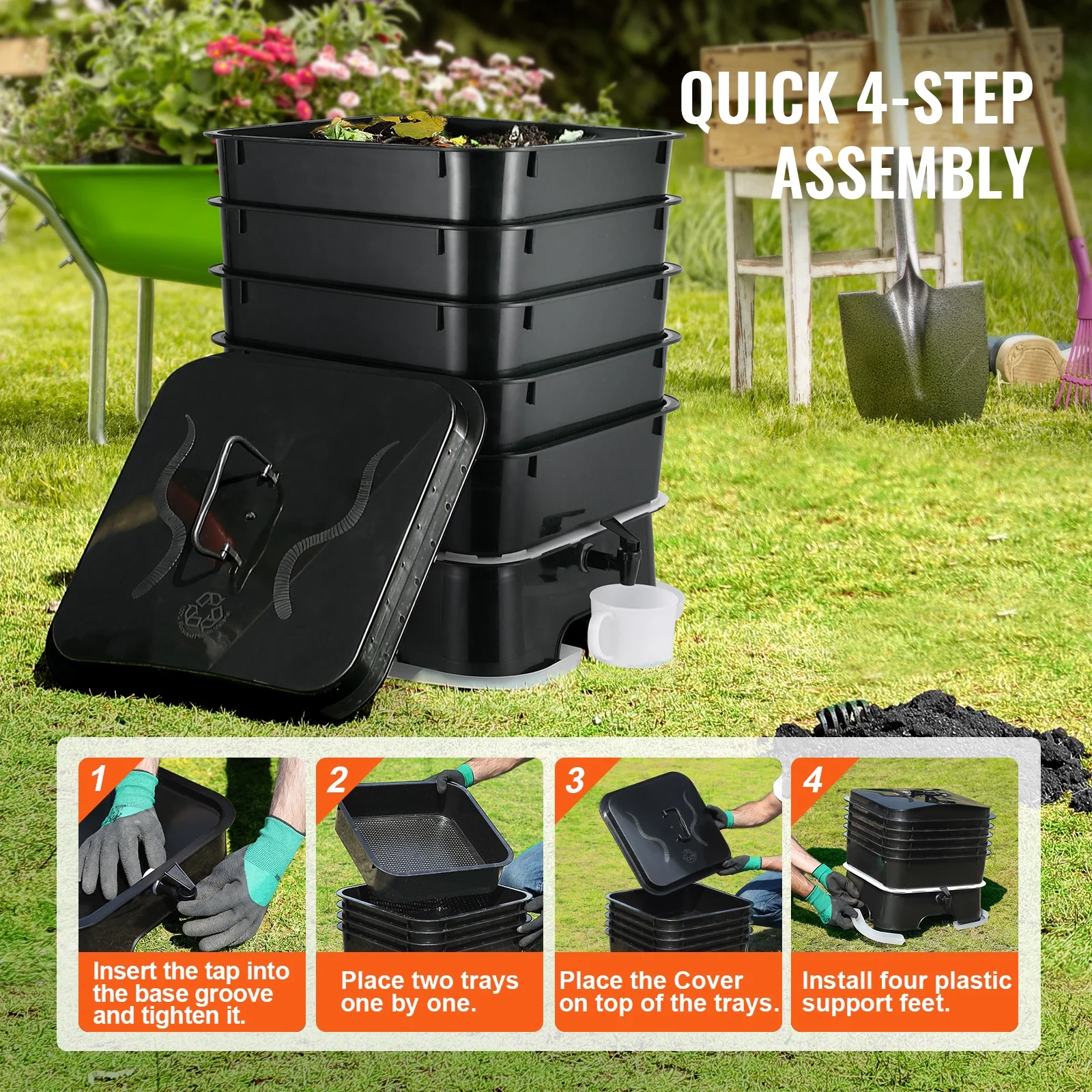 KFFKFF 5-Tier Worm Recycler, 50 L Indoor and Outdoor Worm Composting Container, Eco-Friendly Worm Cultivation Set, for Repurposing Kitchen Scraps, Worm Excreta, Worm Liquid - Image 4