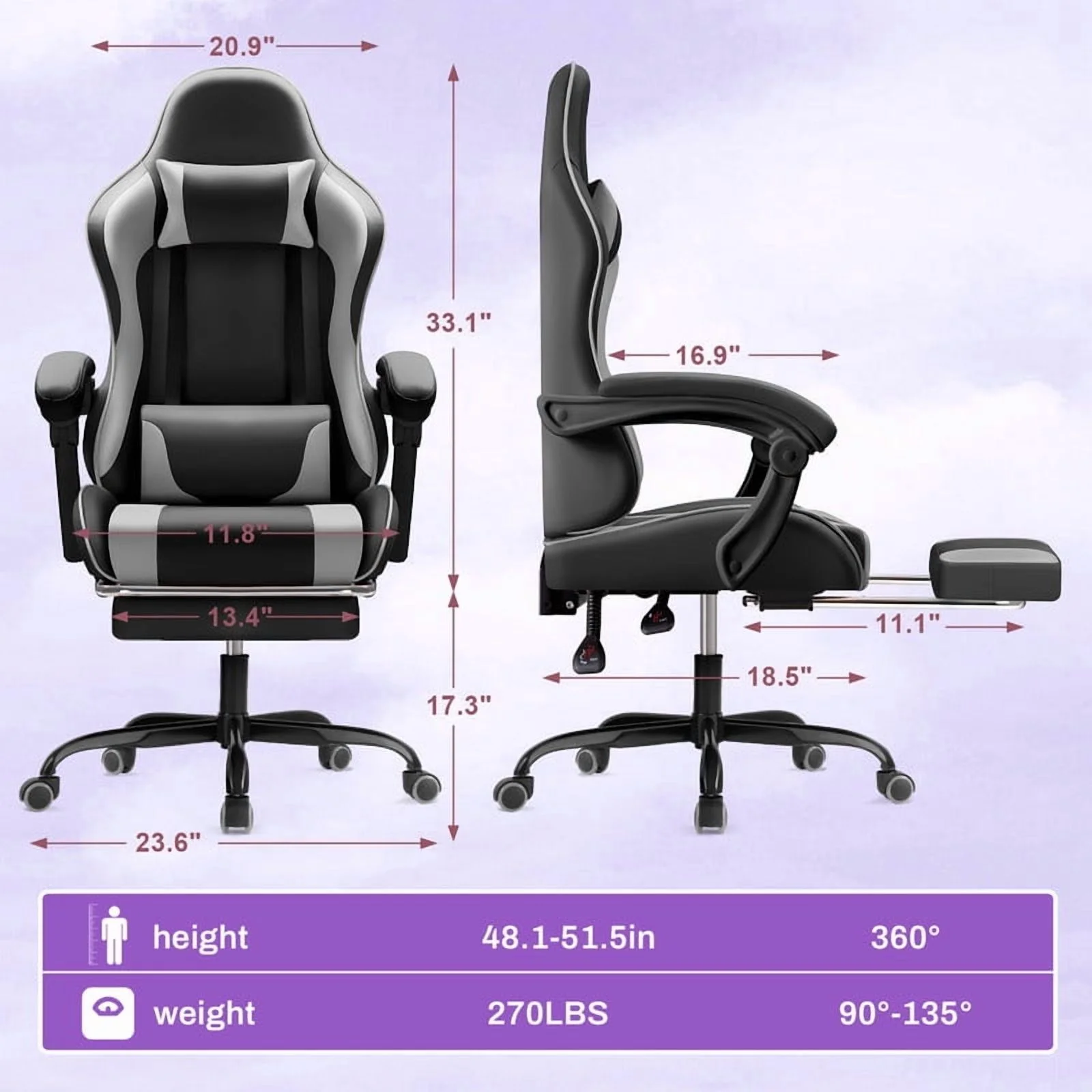 Lacoo PU Leather Gaming Chair Massage Ergonomic Gamer Chair Height Adjustable Computer Chair with Footrest & Lumbar Support, White - Image 36