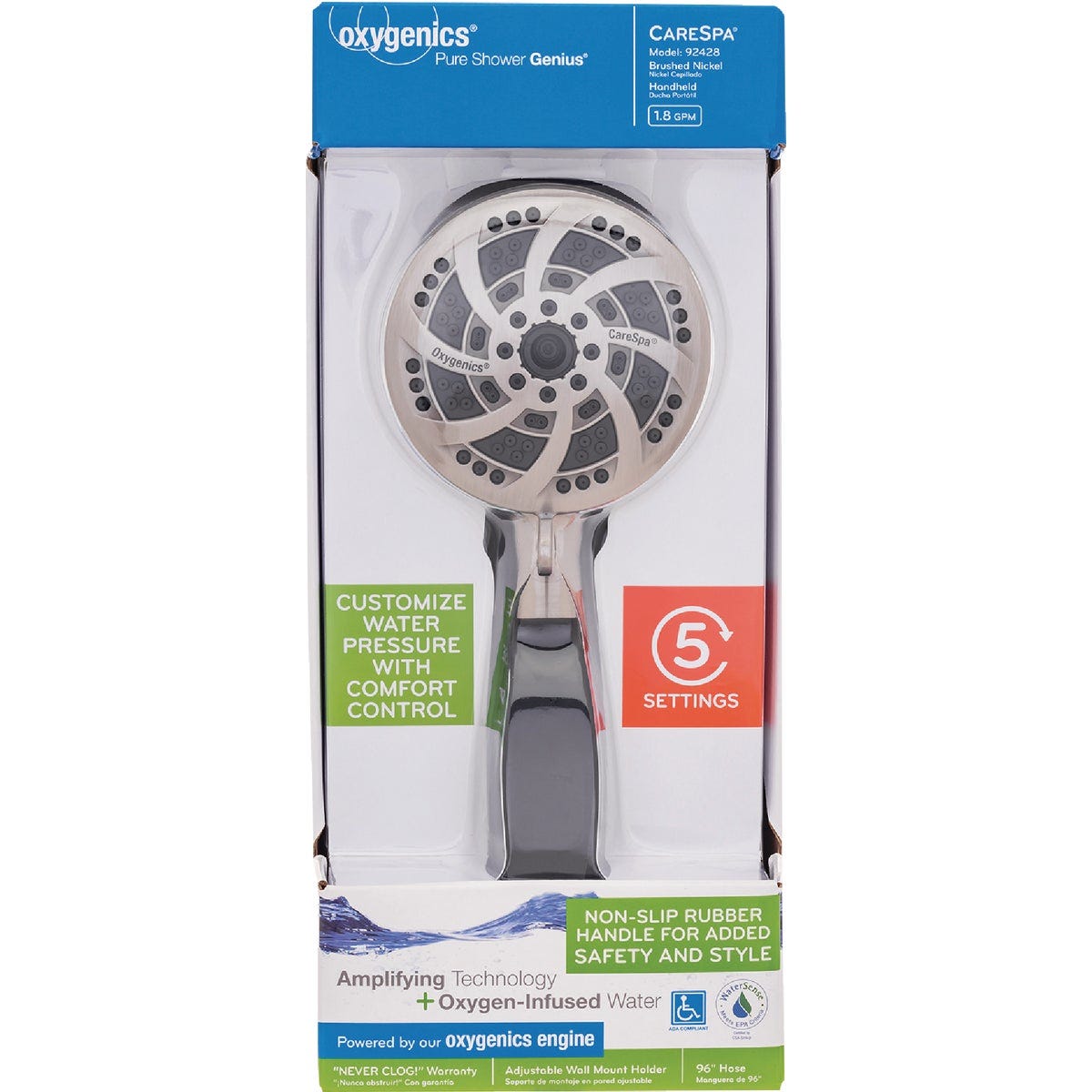 Oxygenics CareSpa 5-Spray 1.8 GPM Handheld Showerhead, Brushed Nickel