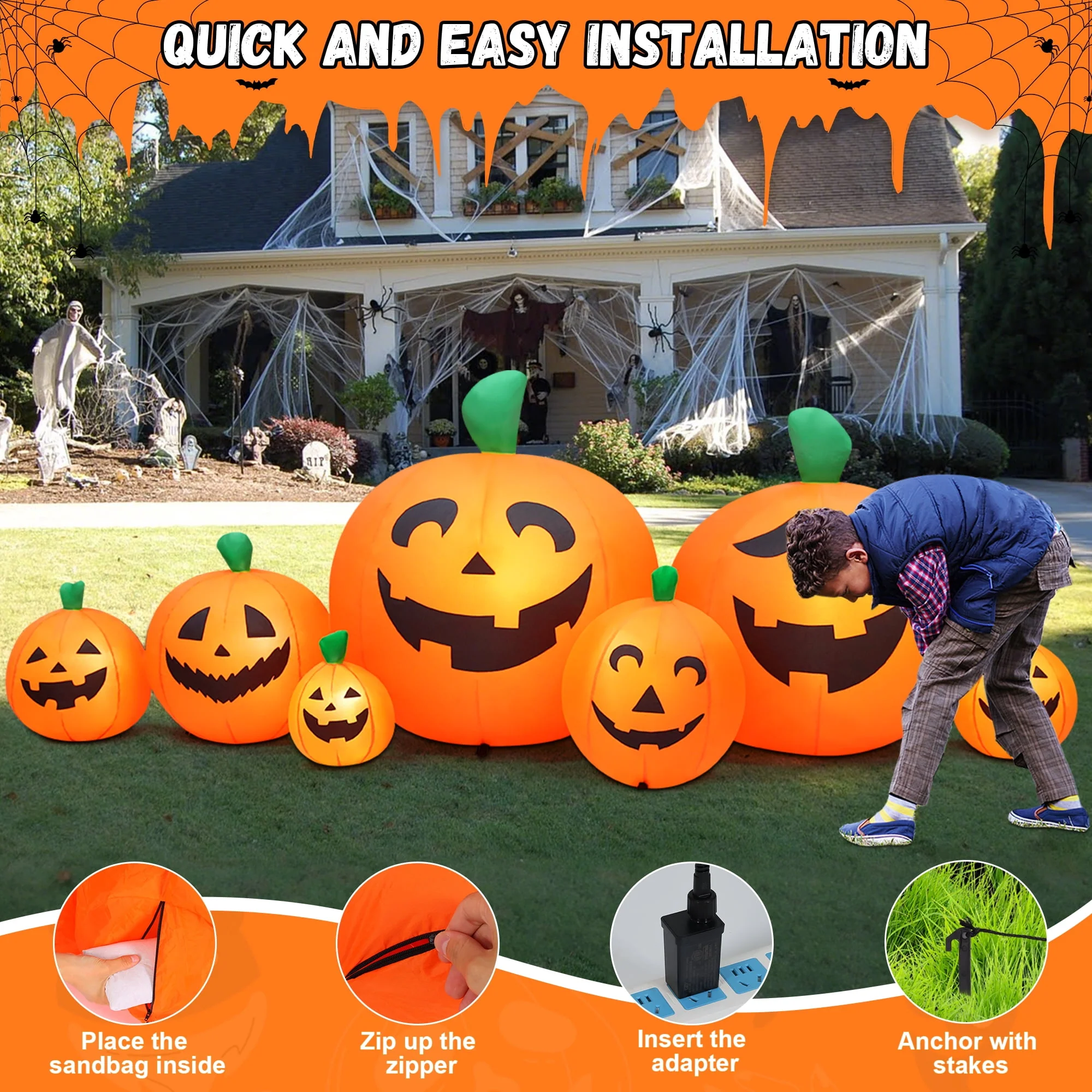 Yexmas 8 FT Halloween Inflatables Pumpkin, 7 Pumpkins Halloween Outdoor Decoration with Built-in LED Lights, Halloween Blow Ups for Yard, Lawn, Garden Decor - Image 4 Yexmas 8 FT Halloween Inflatables Pumpkin, 7 Pumpkins Halloween Outdoor Decoration with Built-in LED Lights, Halloween Blow Ups for Yard, Lawn, Garden Decor - Image 4
