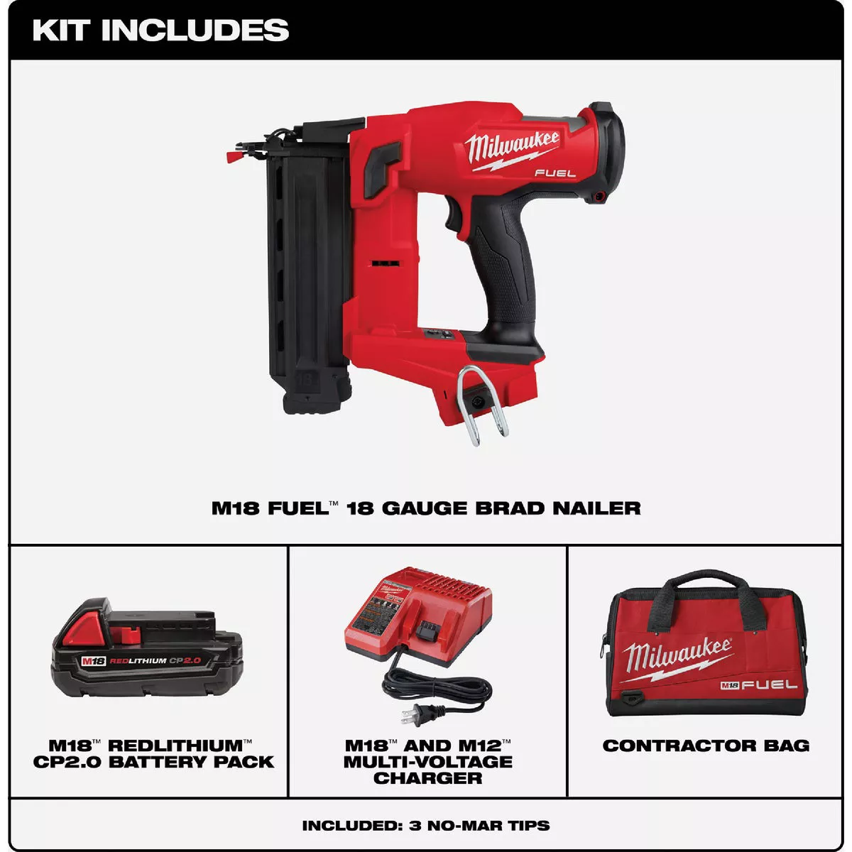 Milwaukee M18 FUEL Brushless 18-Gauge 2-1/8 In. Cordless Brad Nailer Kit with 2.0 Ah Battery & Charger