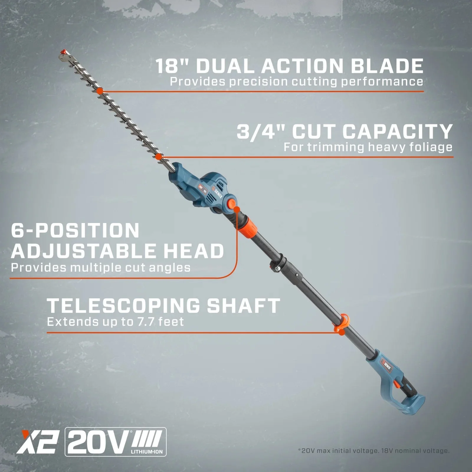 SENIX Cordless Pole Hedge Trimmer, 20 Volt Max, 18-Inch Cutting, 21-Inch Blade - HTPX2-M - Image 7 SENIX Cordless Pole Hedge Trimmer, 20 Volt Max, 18-Inch Cutting, 21-Inch Blade - HTPX2-M - Image 7