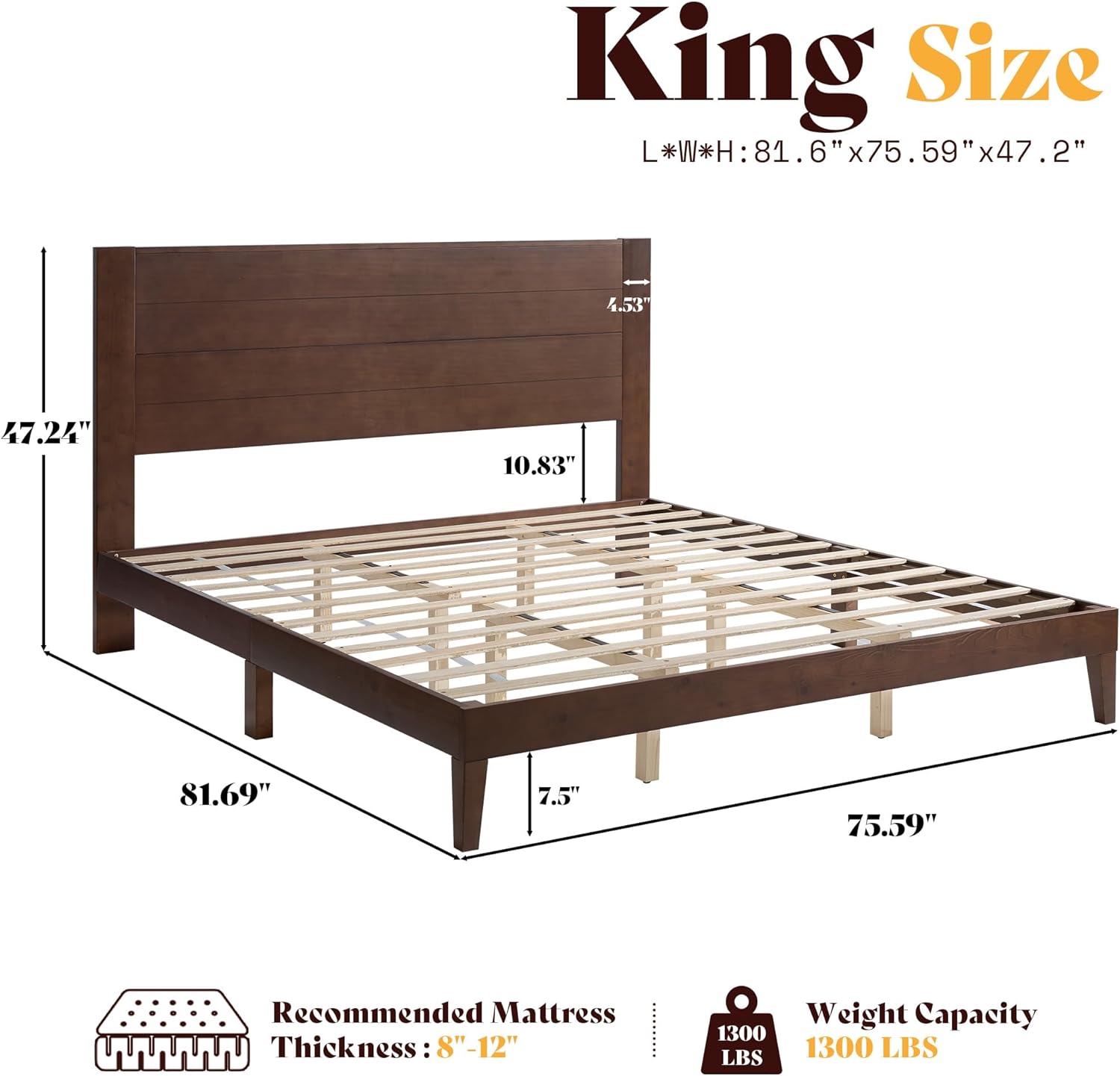 AMERLIFE King Sizes Solid Wood Bed Frame with 48