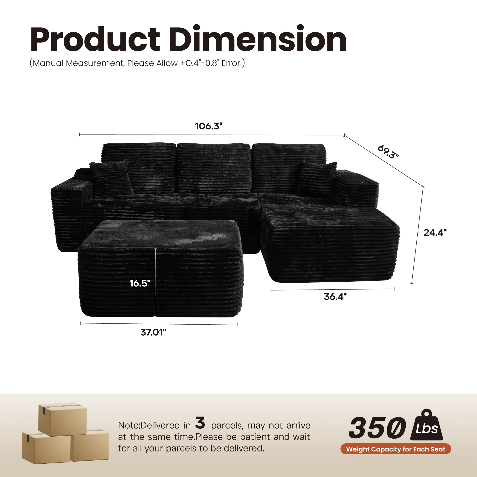 Ovios 106" L-Shaped Sectional Sofa Modern Modular Cloud Couch with Deep Seating Upholstered Sofa for Living Room Bedroom, No Assembly Required, Black(Corduroy) - Image 62