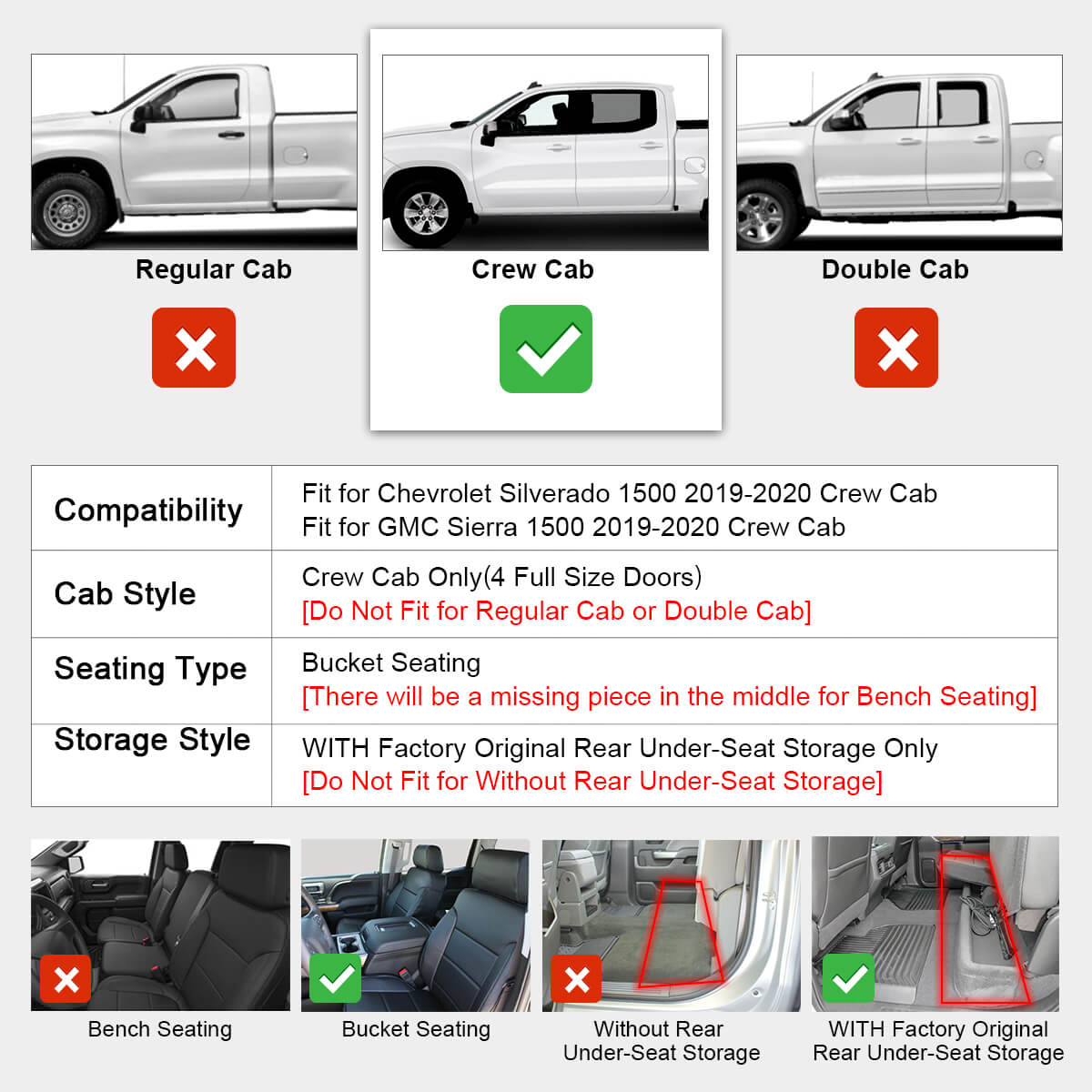 Lasfit Floor Mats for Chevrolet Silverado/GMC Sierra 1500 2019-2022 & 2500HD/3500HD 2020-2022 Crew Cab (Don't Fit Double Cab, Plastic Storage, Without Storage)