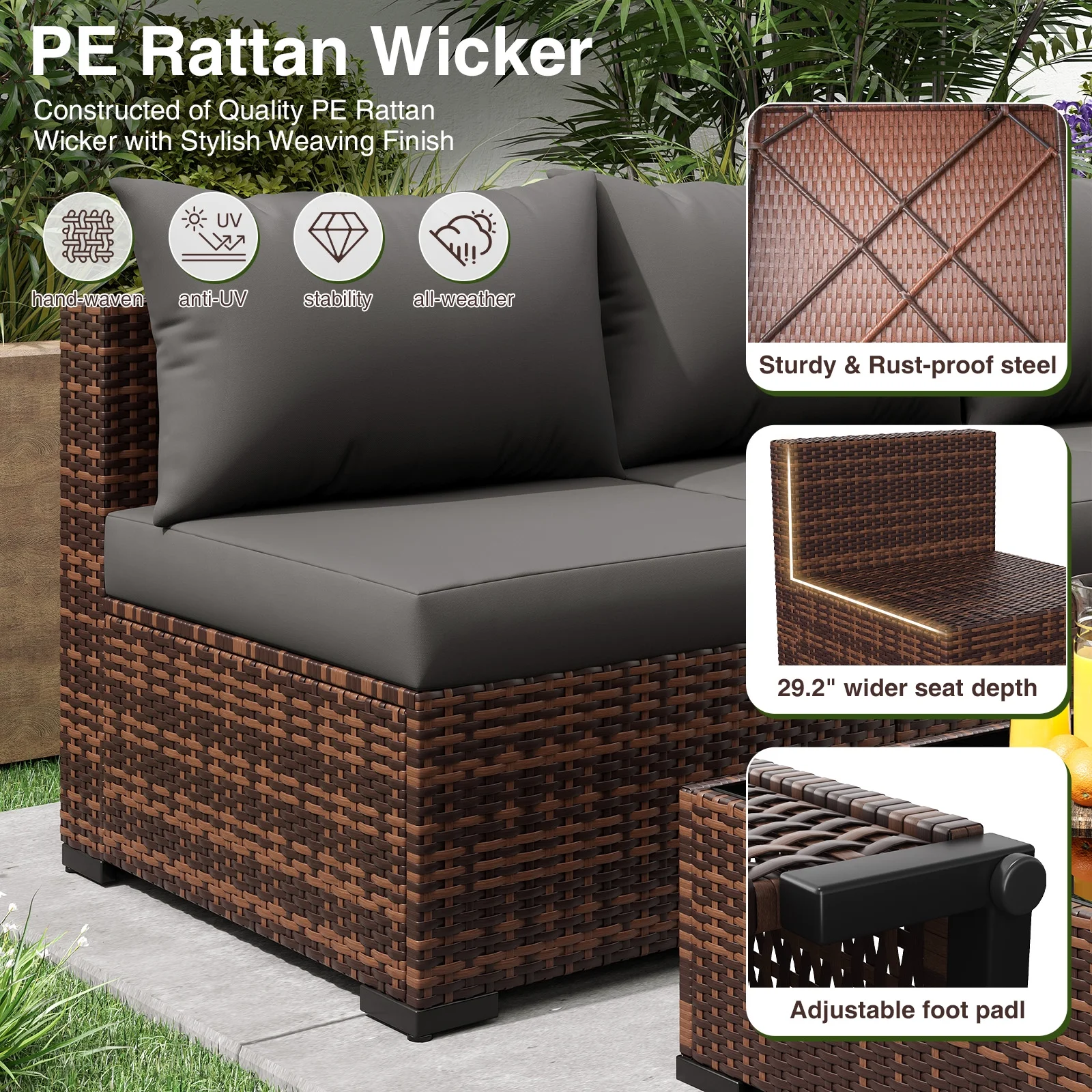 ELPOSUN Patio Furniture Set, Outdoor Patio Furniture Wicker Furniture Couch Set, 5 Pieces Outdoor Sectional Sofa, Patio Furniture Set, Outdoor Patio Set for Balcony Furniture (Grey) - Image 7