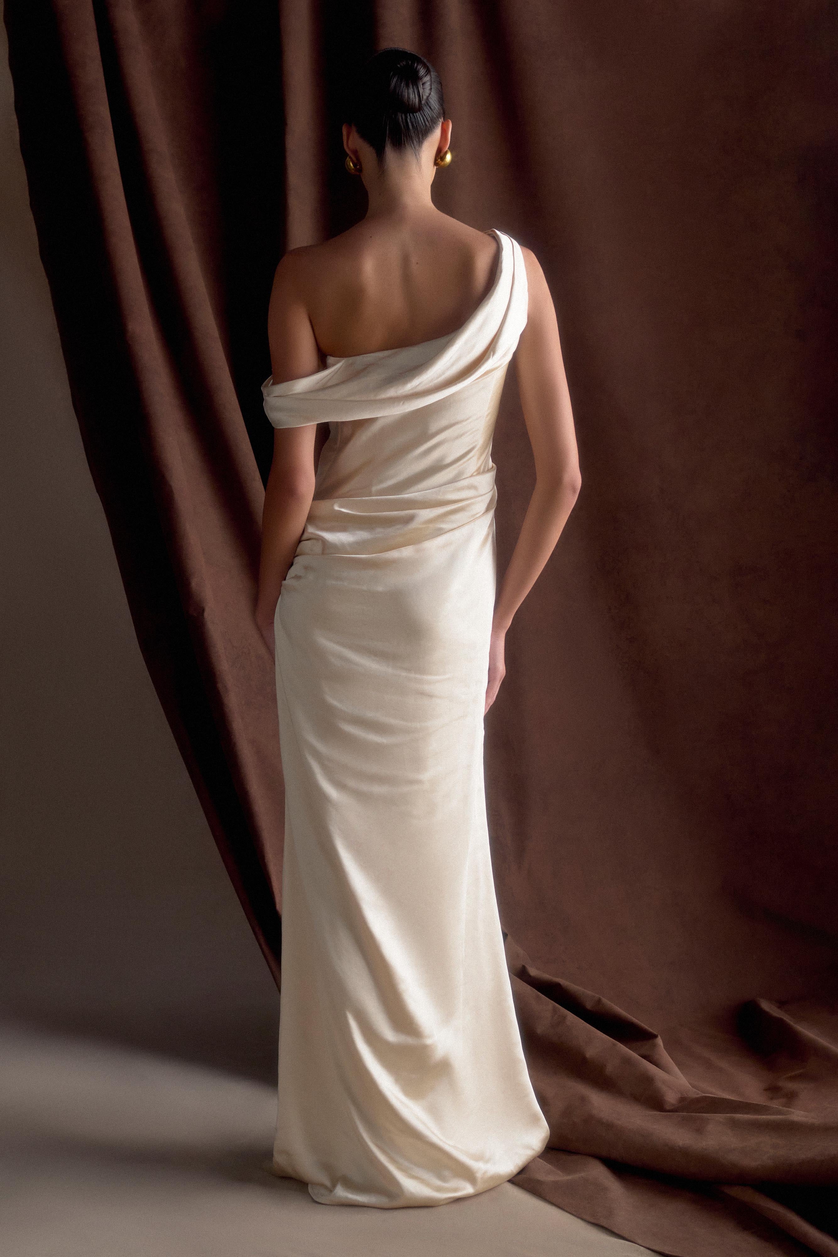 Dalia Off Shoulder Satin Maxi Dress - Blush Gold