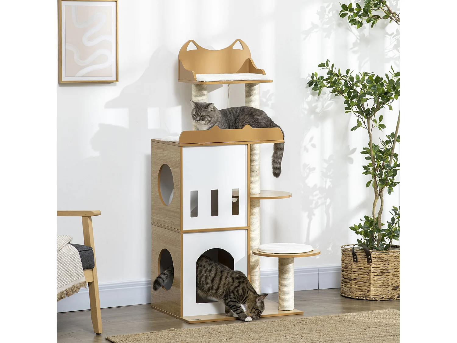 Arbre à chat design contemporain griffoir sisal naturel 2 niches plateformes jeu boule suspendue MDF blanc aspect hêtre clair