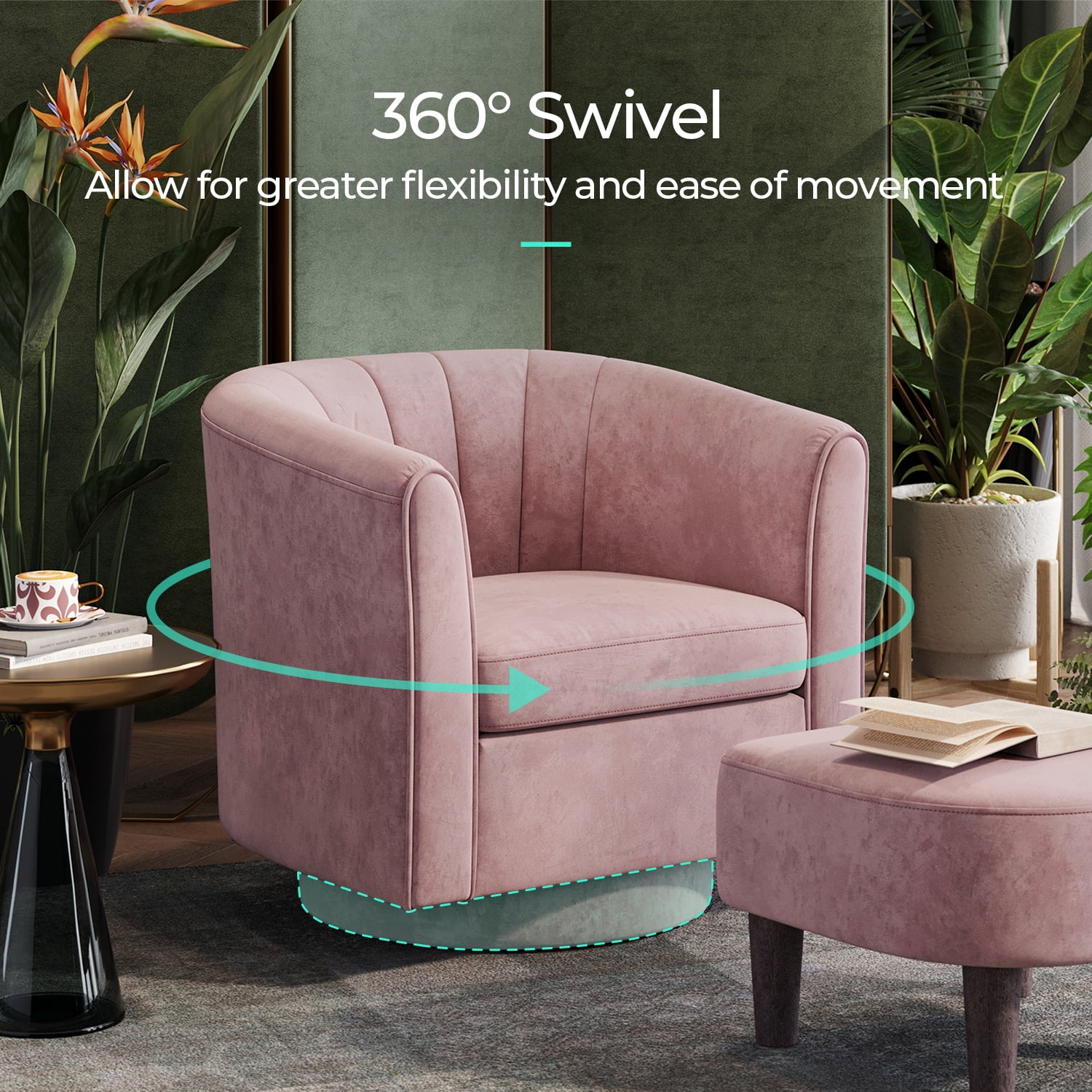LINSY HOME Swivel Accent Chair with Ottoman, Velvet Barrel Chair for Living Room, Blue - Image 20
