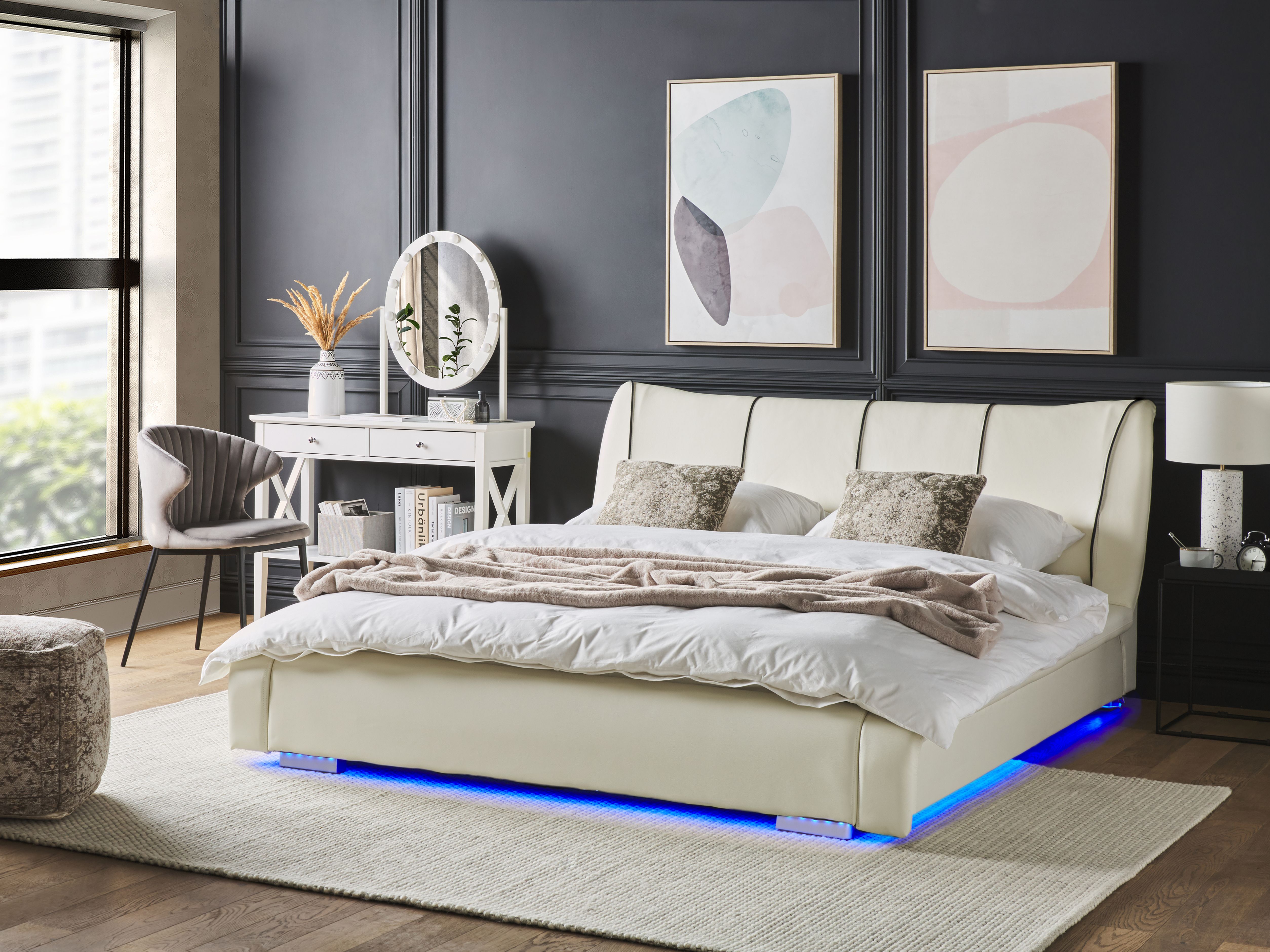 Waterbed with LED Leather NANTES 140 x 200 cm (EU Double) Off-White