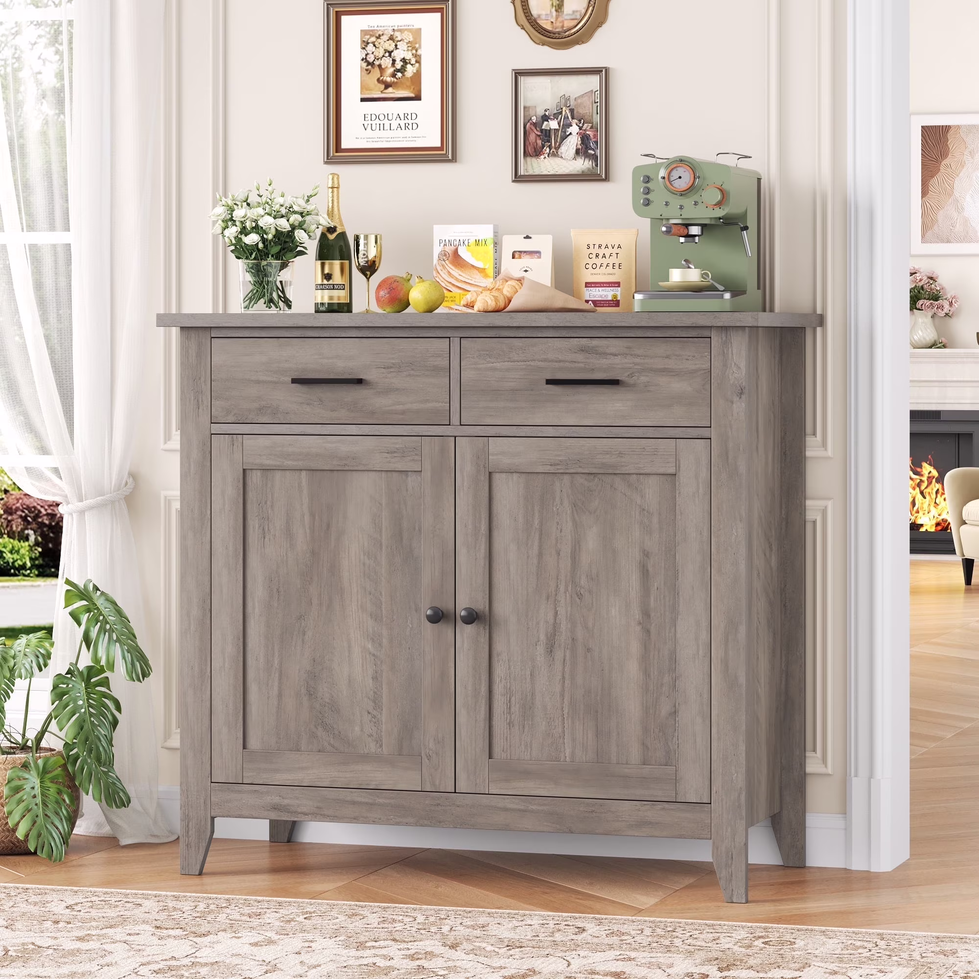 Homfa Entryway Cabinet, Kitchen Storage Cabinet, Farmhouse Buffet Sideboard with 2 Drawers and 2 Doors,Coffee Bar with Storage for Dining Room Living Room,White - Image 7