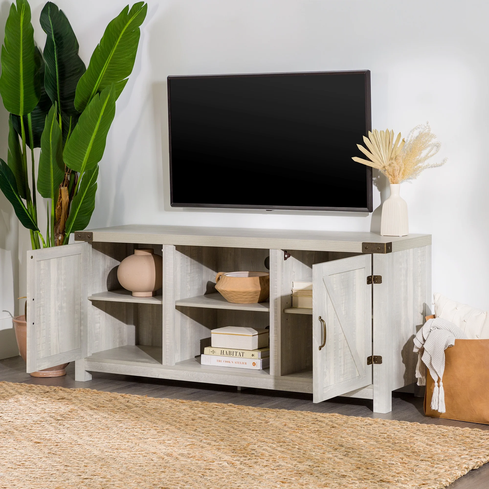 Walker Edison Modern Farmhouse Barn Door TV Stand for TVs up to 65", Grey Wash - Image 93