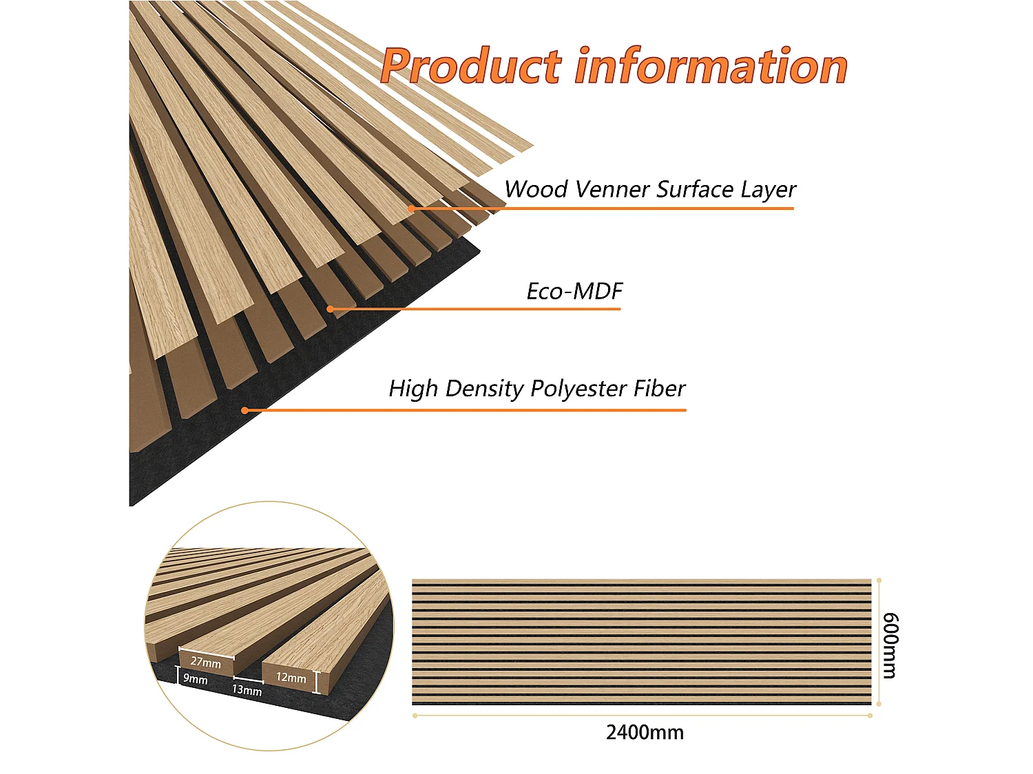 Lot de 2 Panneaux Muraux Décoratifs Acoustiques Bois MDF 240x60cm Chêne clair AntiBruit, Facile à Poser