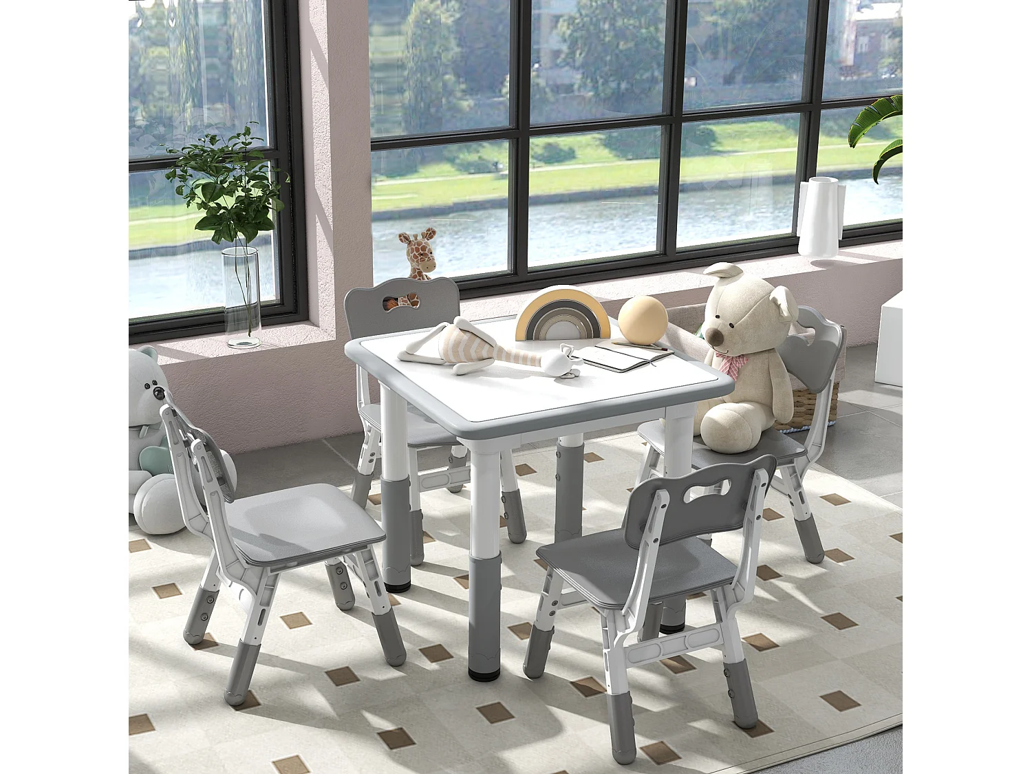 Ensemble table et chaises enfant - set de 5 pièces réglables en hauteur - MDF PP blanc gris