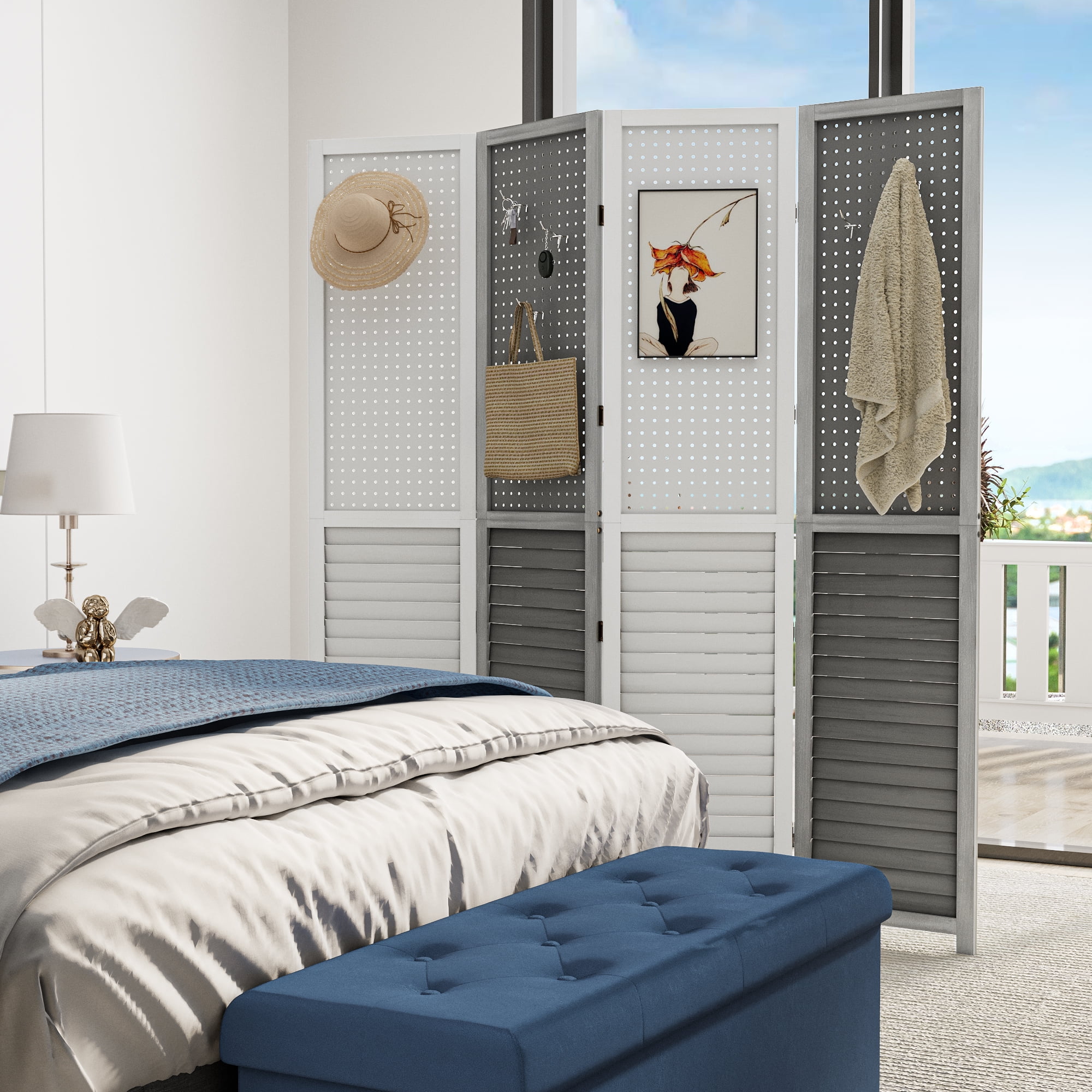 Dextrus Room Divider, 4 Panel Folding Privacy Screens with Pegboard Display, Freestanding Portable Privacy Screen Room Partition for Jewelry, Craft Show, Retail, Living Room, Bedroom