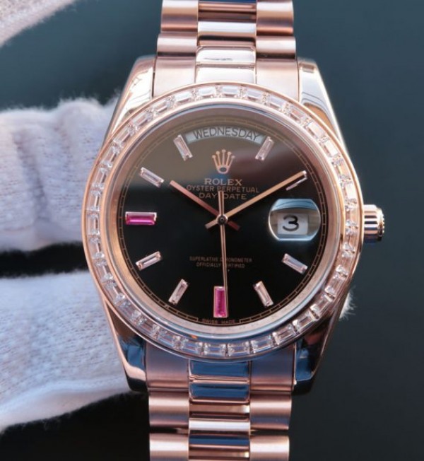 Replica Rolex Noob Day-Date 218399 RG Black Dial Bracelet A3255 - Top club