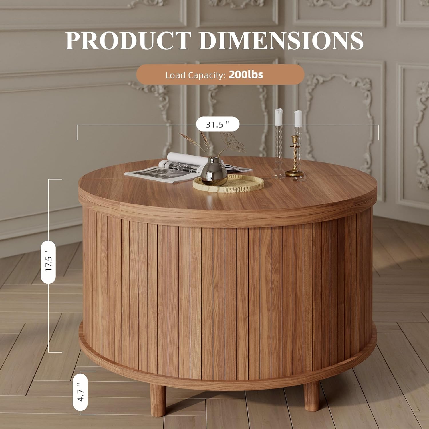 Easyego Fluted Round Coffee Table with Hidden Storage, 31.5