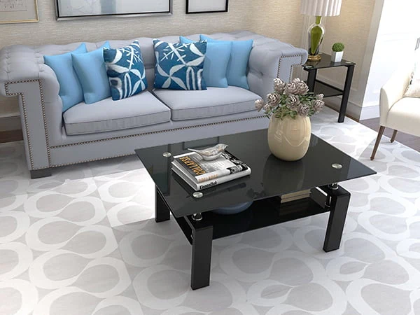Black Glass Coffee Table Set of 3 Piece, Living Room Table Set of 3, Black Coffee Table and End Coffee Table Sets, Metal Frame (All Black A, Set of 3) - Image 7