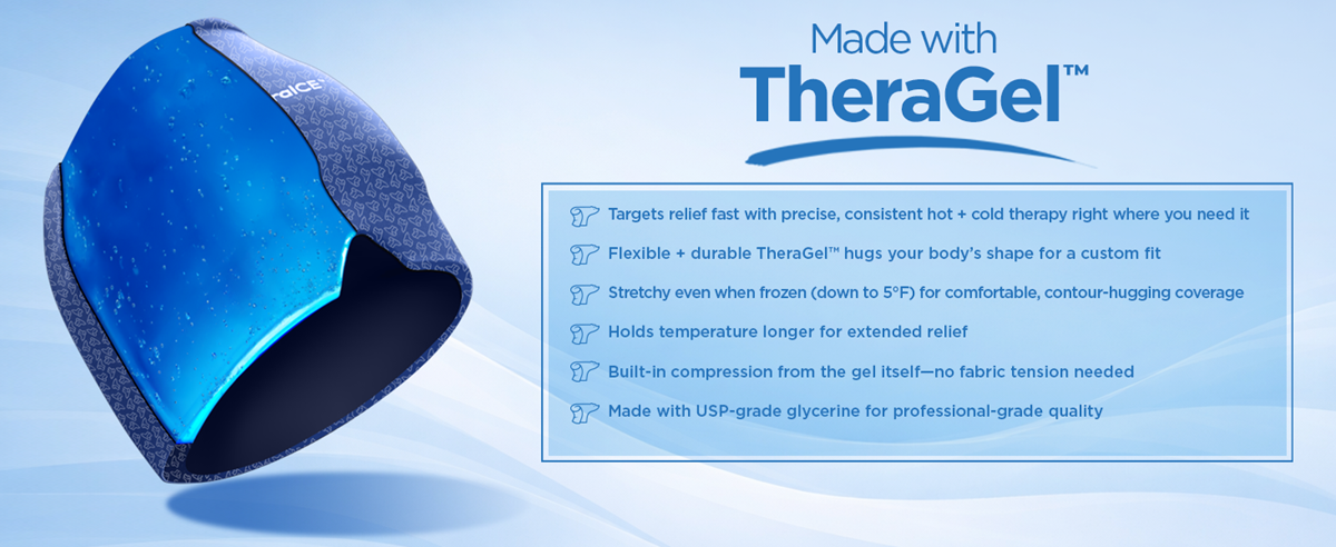 Made with TheraGel. Targets relief fast with precise, consistent hot + cold therapy right where you need it. Flexible + durable TheraGel™ hugs your body’s shape for a custom fit. Stretchy even when frozen (down to 5°F) for comfortable, contour-hugging coverage. Holds temperature longer for extended relief. Built-in compression from the gel itself—no fabric tension needed. Made with USP-grade glycerine for professional-grade quality.