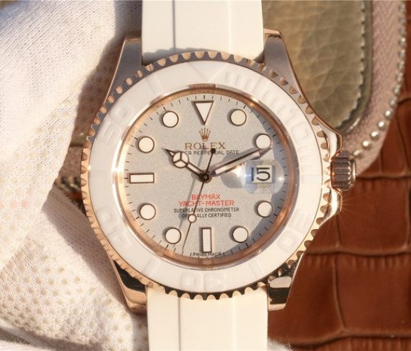 Replica Rolex Yacht-Master 116655 RG White Dial White Ceramic Rubber Strap A2824 - Elite Watch Atelier