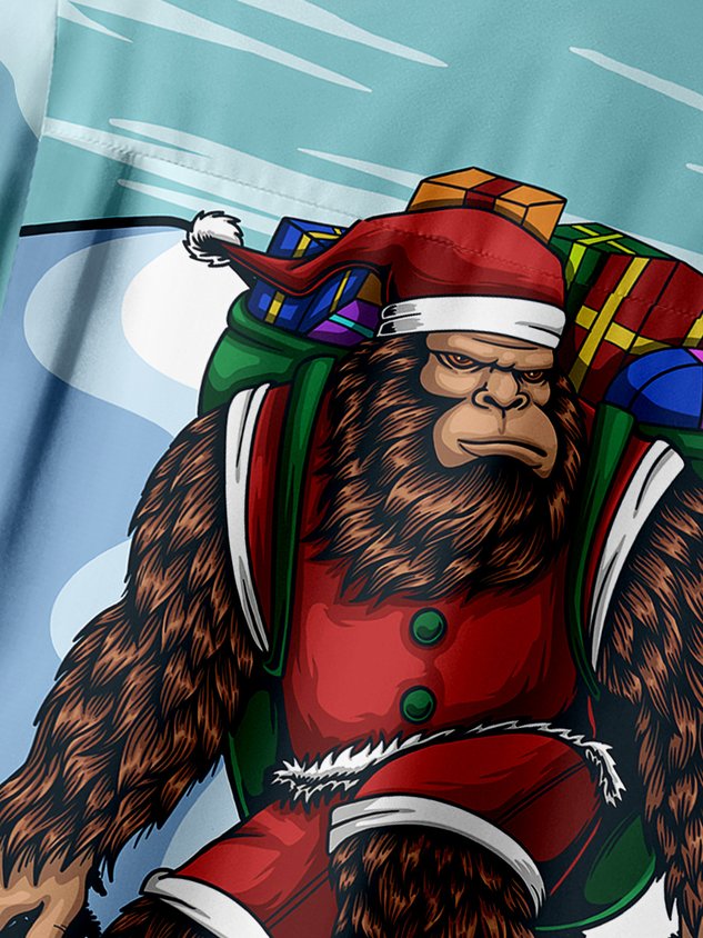 Christmas Bigfoot Chest Pocket Short Sleeve Casual Shirt