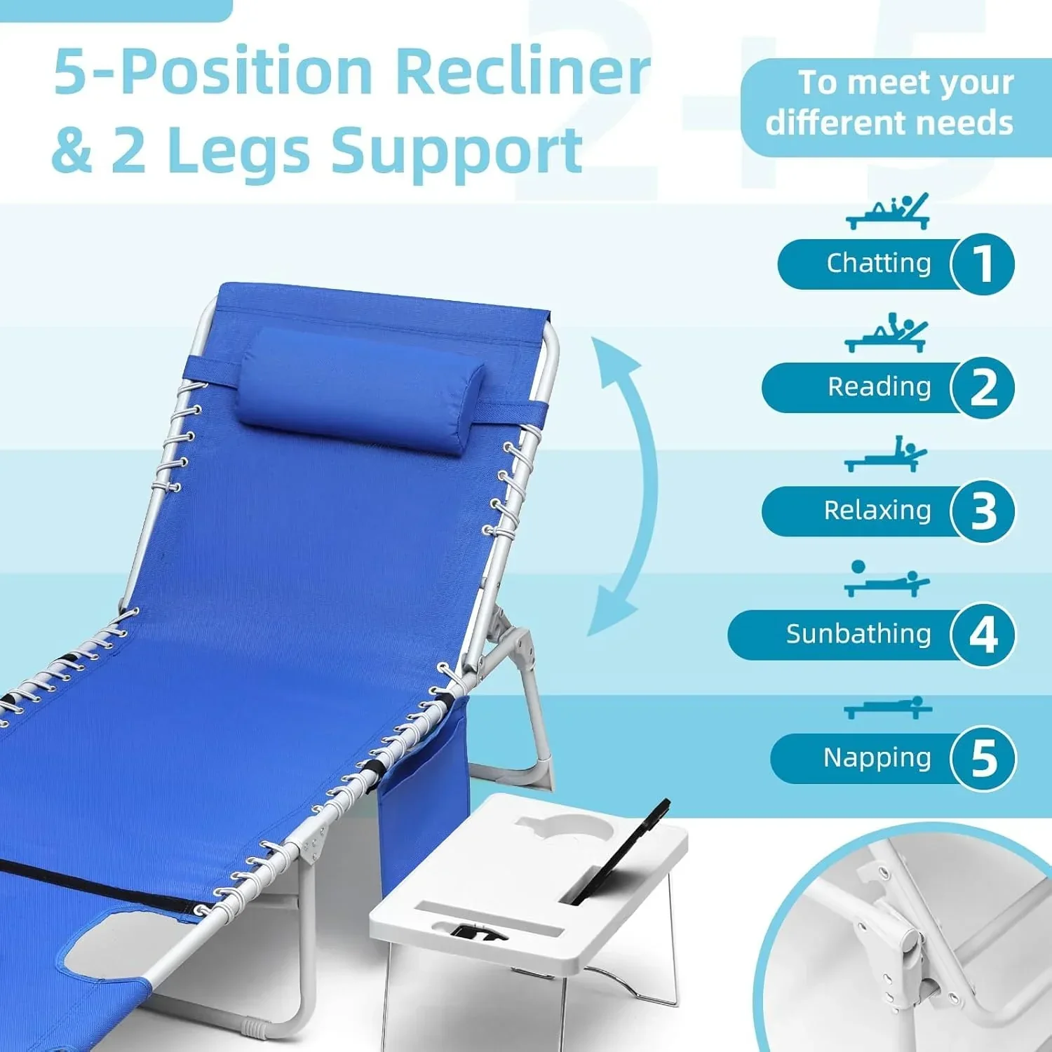 Yestomo 3-in-1 Outdoor Sun Tanning Lounge Chair, Blue, 330lbs Capacity - Image 5 Yestomo 3-in-1 Outdoor Sun Tanning Lounge Chair, Blue, 330lbs Capacity - Image 5