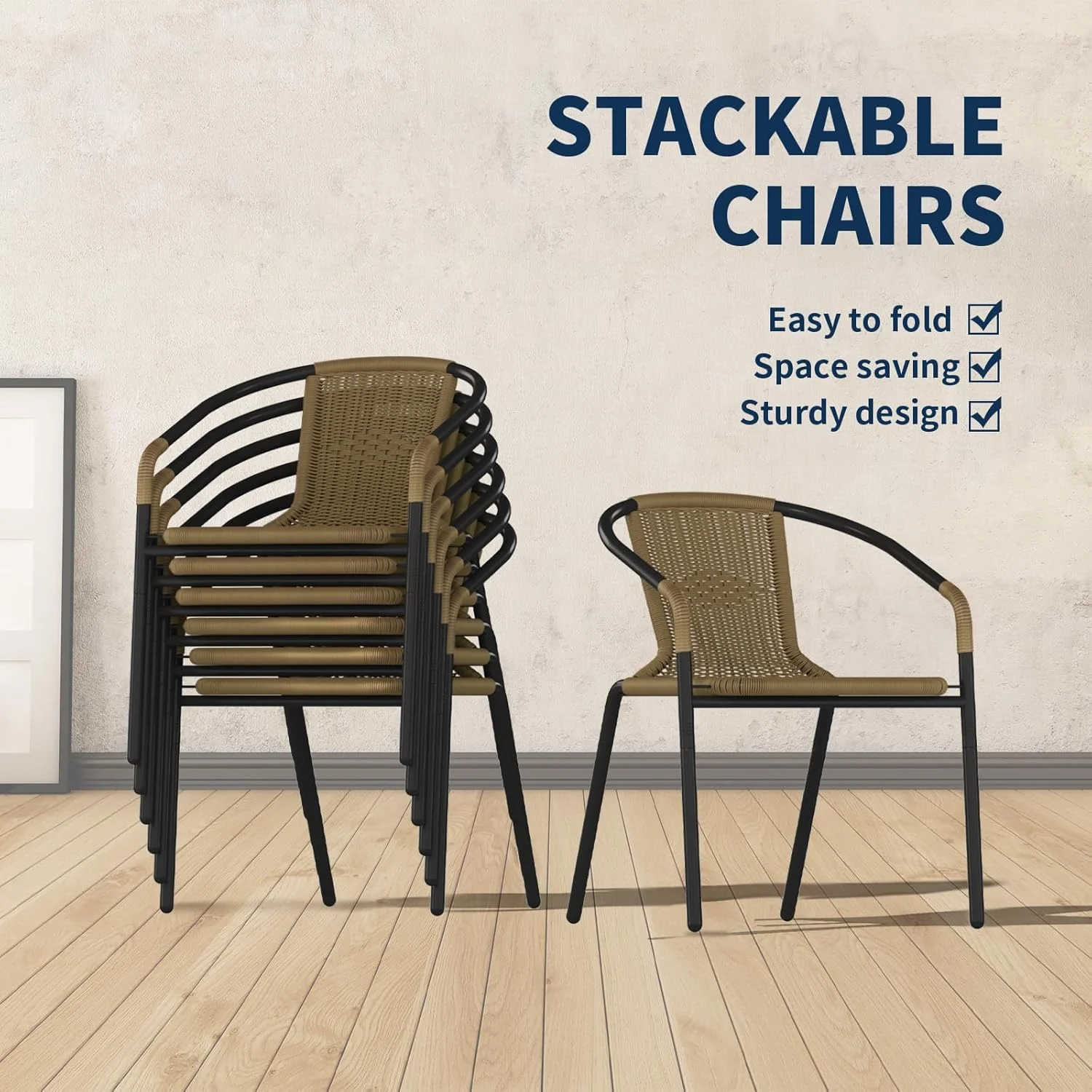 ELPOSUN Outdoor Dining Chairs Set of 6, Wicker Patio Chairs with Metal Frame, Rattan Indoor-Outdoor Chairs for Bistro, Deck, Backyard, Porch, Restaurant Stack Chair 6 Pack (Black) - Image 10