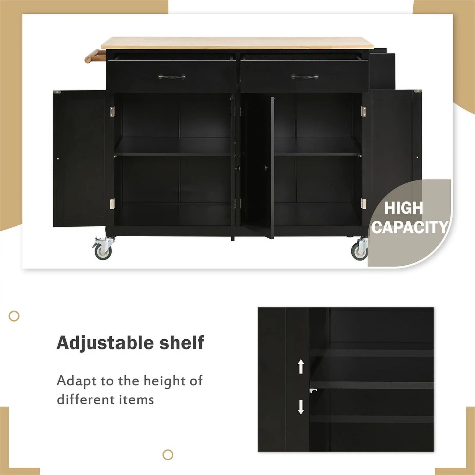Kitchen Storage Islands&Carts with Solid Wood Top and Locking Wheels, Kitchen Island Cart with 4 Door Cabinet and Two Drawers, Kitchen Cabinets for Kitchen and Dining Room, Green - Image 13