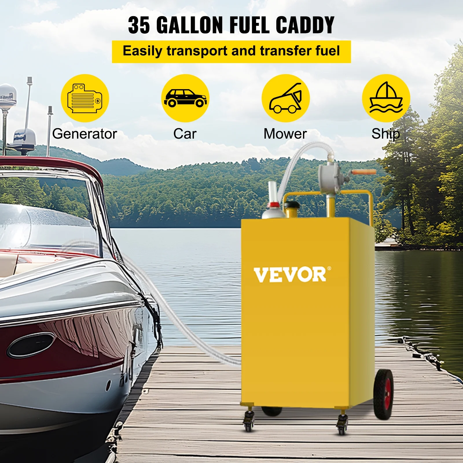 KFFKFF 35 Gallon Gas Caddy, Fuel Storage Tank with 4 Wheels, Portable Fuel Caddy with Manuel Transfer Pump, Gasoline Diesel Fuel Container for Cars, Lawn Mowers, ATVs, Boats, More, Yellow