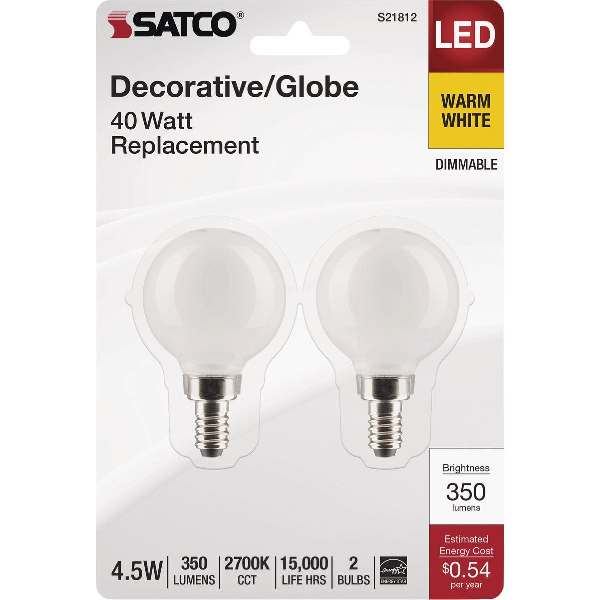 Satco 40W Equivalent G16.5 Candelabra Base 2700K LED Bulb (2-Pack)