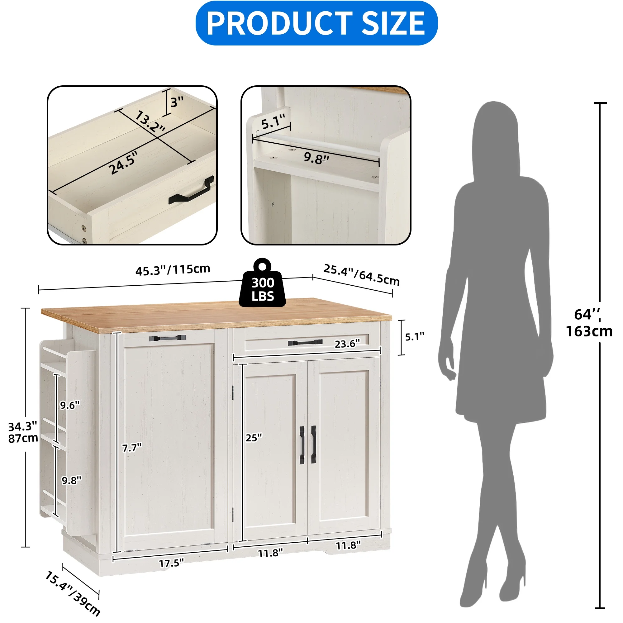 DEXTRUS Kitchen Island on Wheels with Drop Leaf & Drawer, Rolling Kitchen Island with Storage for 13 Gallon Trash Bin, Off-White