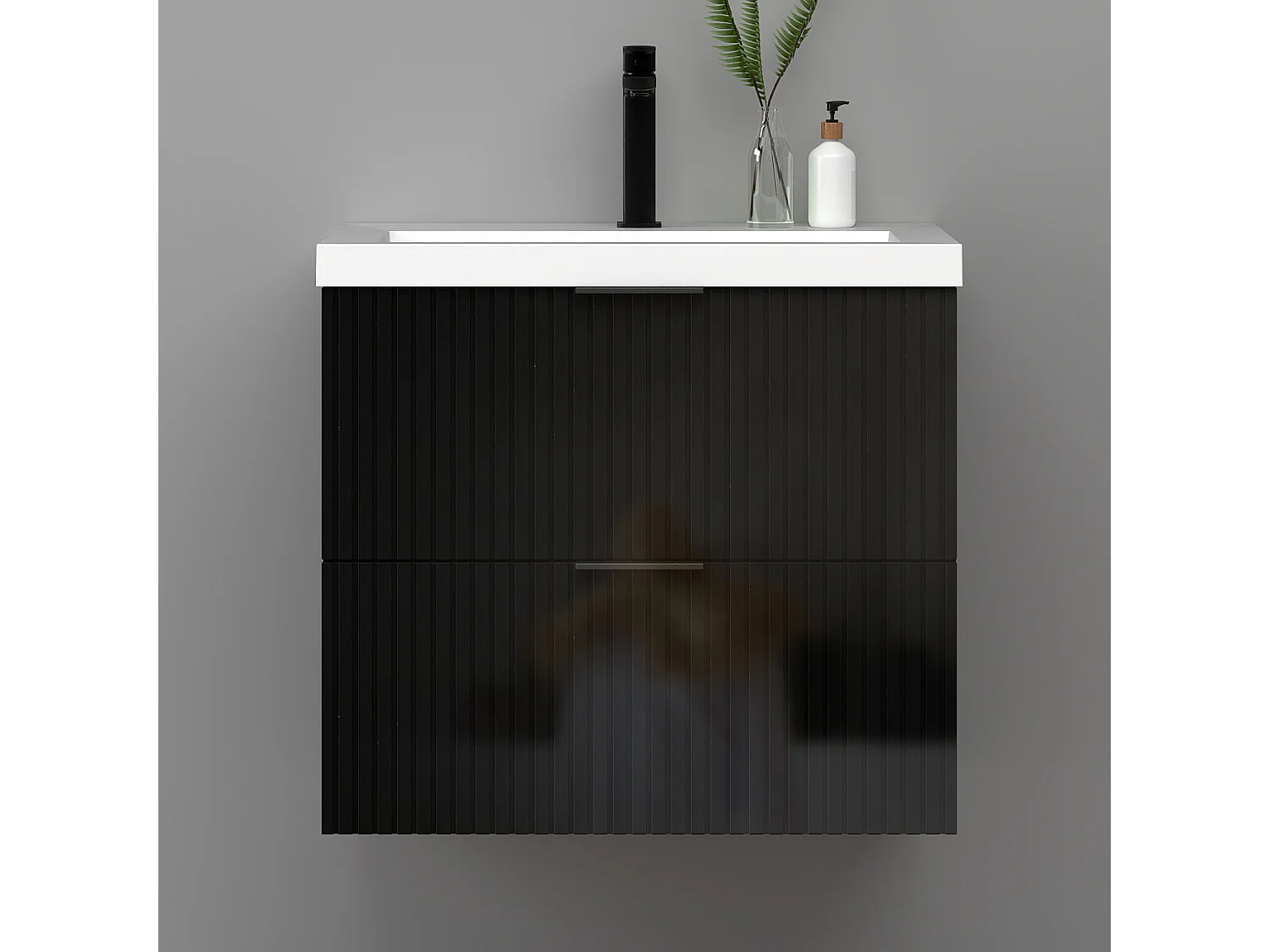 Meuble de salle de bain suspendu Strié Brillant 60cm avec simple lavabo + 2 tiroirs, Noir
