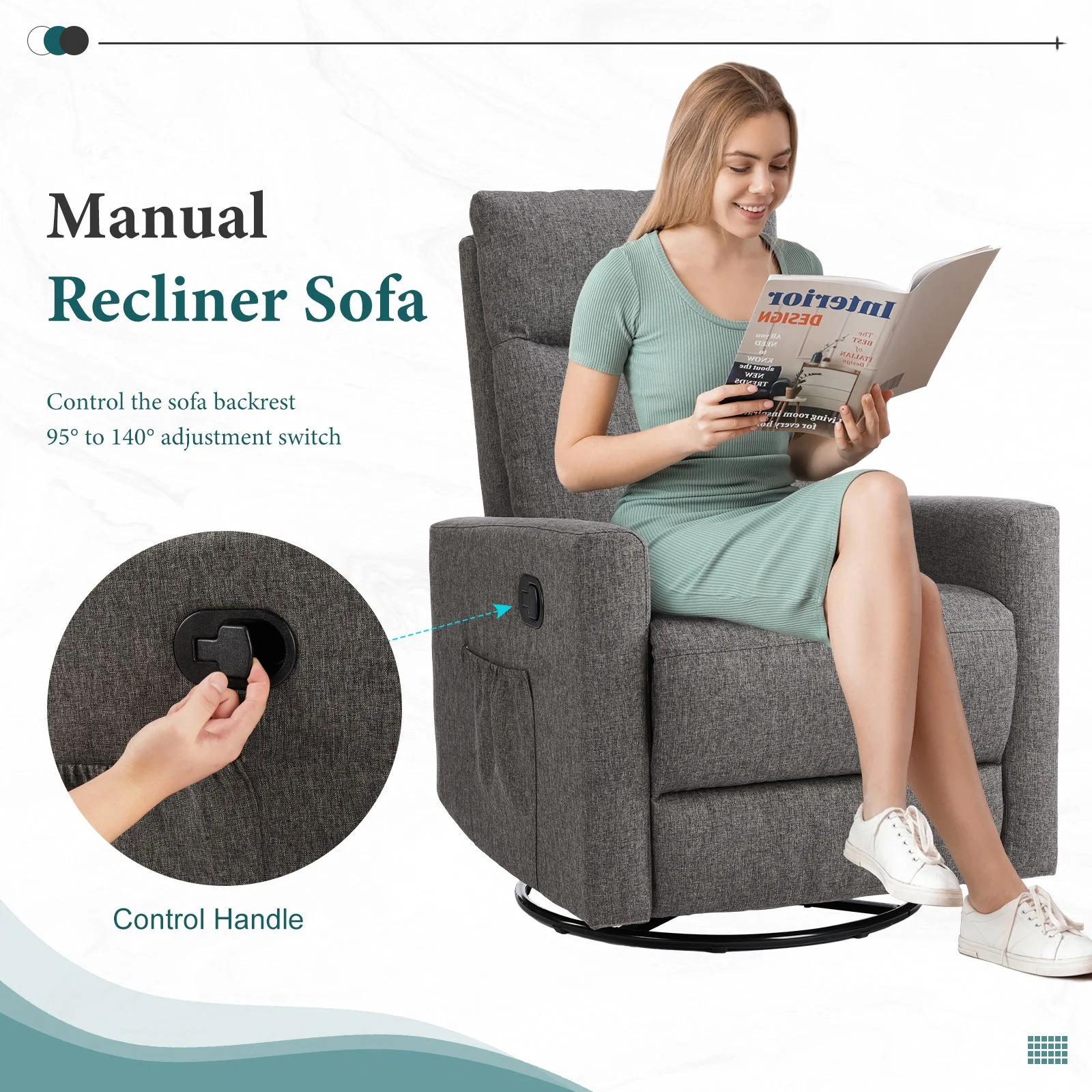 Recliner Message Chair with Footrest, Swivel Rocking Glider, High Back Upholstered Deep Seat for Living Room, Grey - Image 15