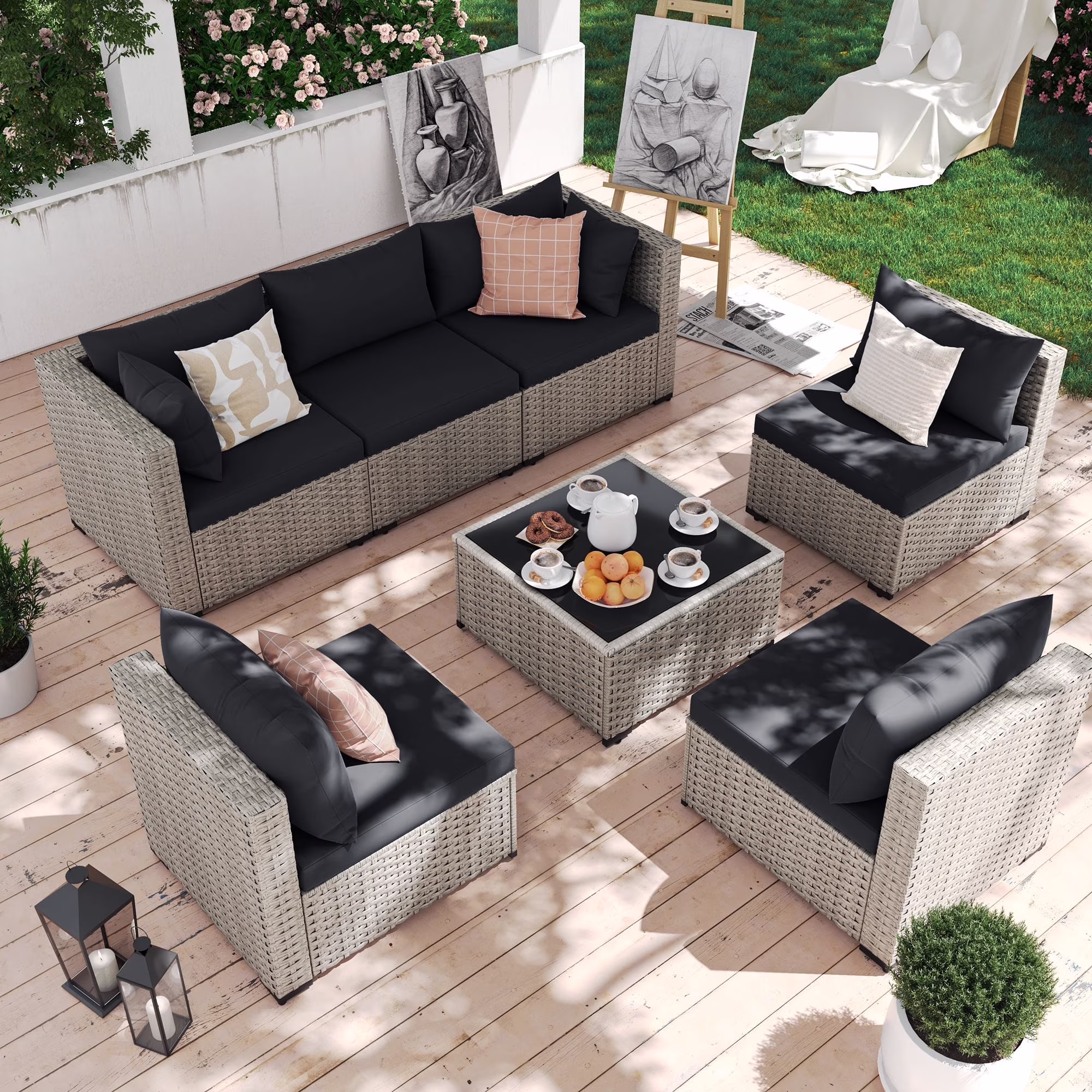 7 Pieces Patio Conversation Set, Outdoor Sectional PE Rattan Wicker Furniture Seat,Dark Gray - Image 14