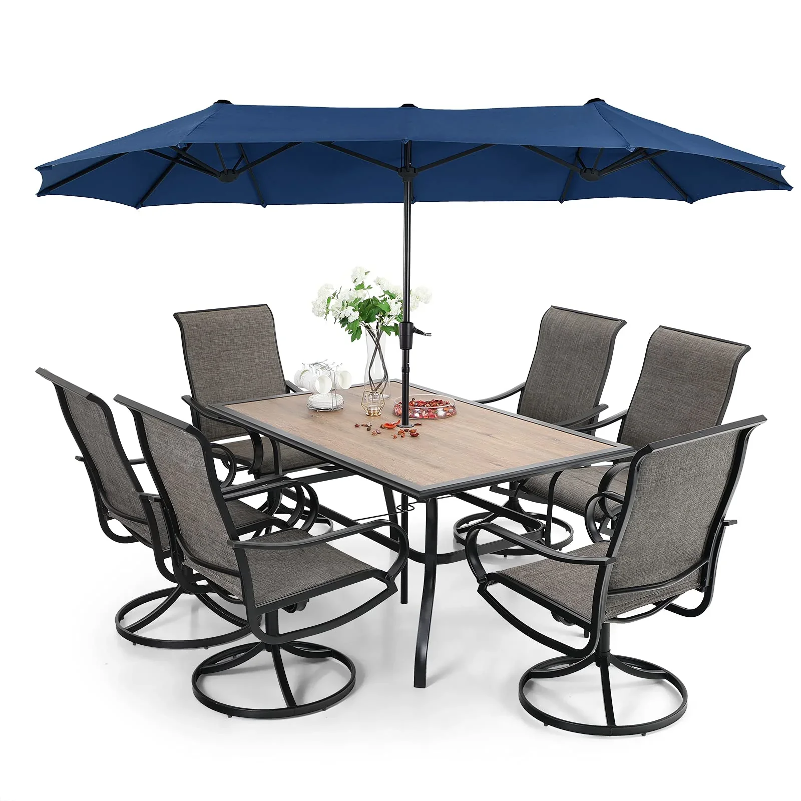 Patio Dining Set With Umbrella And 6 Sling Dining Swivel Chairs, 8-Piece - 60 x 37.4 x 28 Inches - Image 6 Patio Dining Set With Umbrella And 6 Sling Dining Swivel Chairs, 8-Piece - 60 x 37.4 x 28 Inches - Image 6