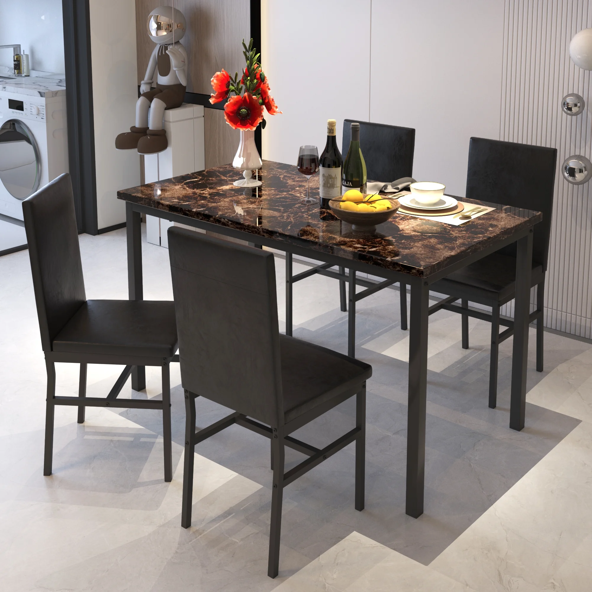 5 Piece Dining Set, Modern Dining Table and Chairs Set for 4, Counter Height Bar Table Set, Modern Pub Table with 4 Velvet Fabric Cushioned Stools, Faux Marble Dining Table & Stools Set, D9297 - Image 52