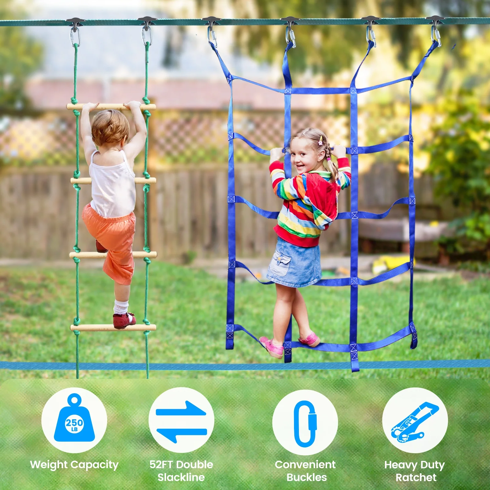 KloKick 50ft Ninja Warrior Obstacle Course with Slackline Monkey Bars and Saucer Swing - Image 7
