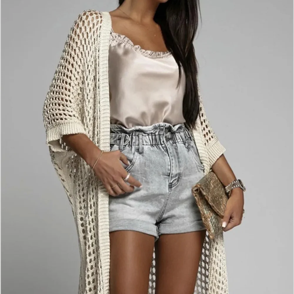 Openwork Open Front Three-Quarter Sleeve Cover Up - ZKZOOK