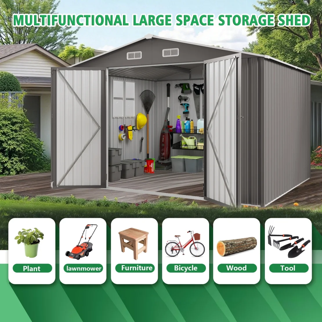 10 x 8 FT Outdoor Storage Shed, Large Metal Storage Shed, Lockable Door and Air Vent, Clear Window Garden Tool Shed for Bicycles, Tools, Lawnmowers, Backyards, Patios, Lawns - Gray - Image 13