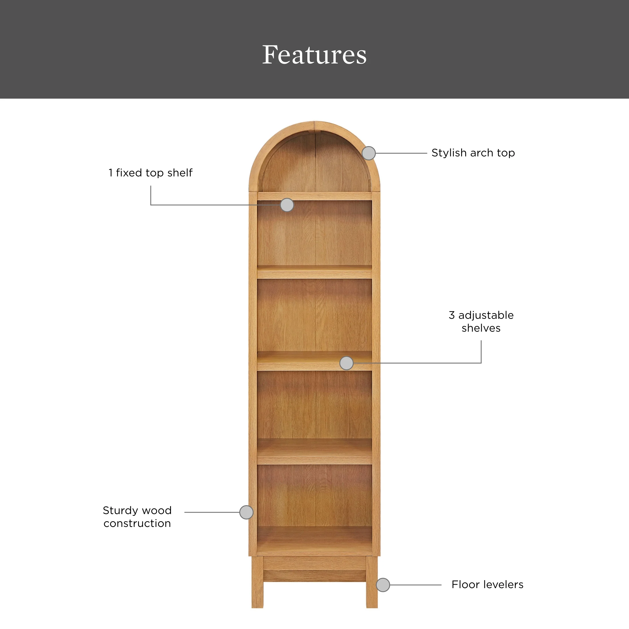 Better Homes & Gardens Juliet Narrow Arch Bookcase, Rich Black and Light Honey - Image 25