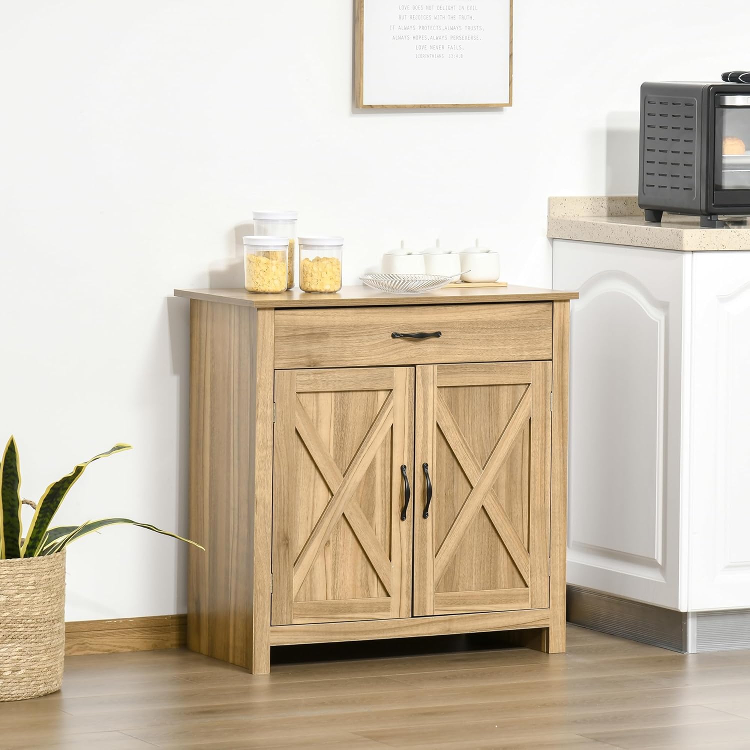 HOMCOM Farmhouse Sideboard Buffet Cabinet, Barn Door Coffee Bar Cabinet with Drawer and Adjustable Shelf for Kitchen, Living Room, Entryway, Natural Wood Effect