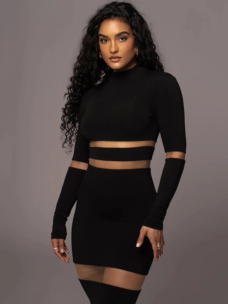 Mesh Patchwork Perspective Long Sleeve Dress For Women’s Tight Fit Midi Female Dress Fashion Street Party Club Vestidos - AZJHJ