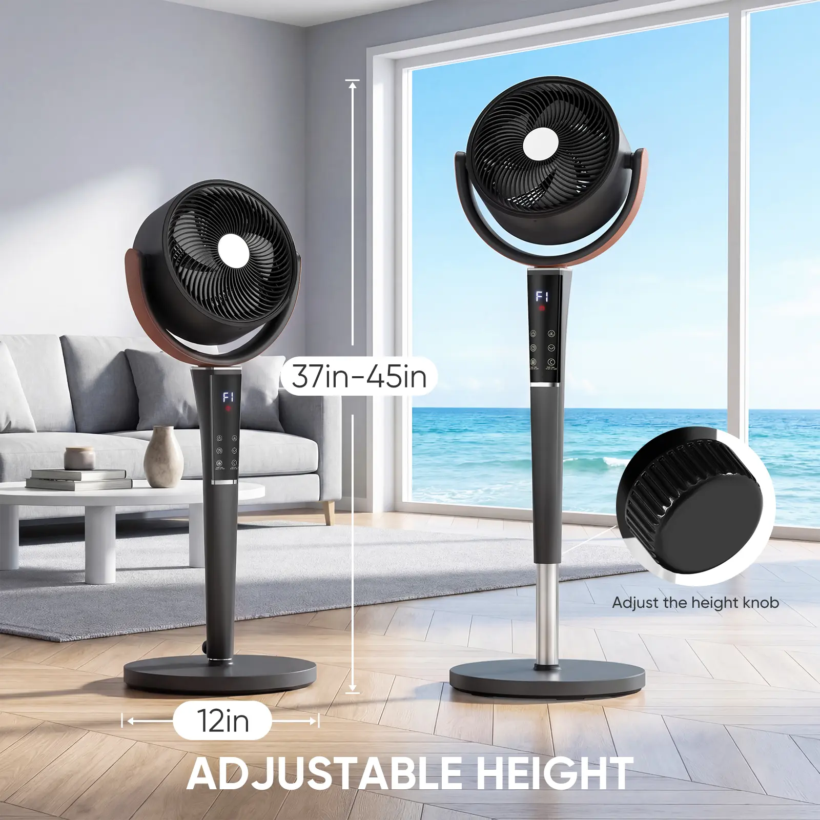Bedroom Pedestal Fan, Quiet 20dB DC Air Circulator, 15 Speeds 5 Modes, 120° Oscillation, 12H Timer, 1050CFM Airflow, 37-45