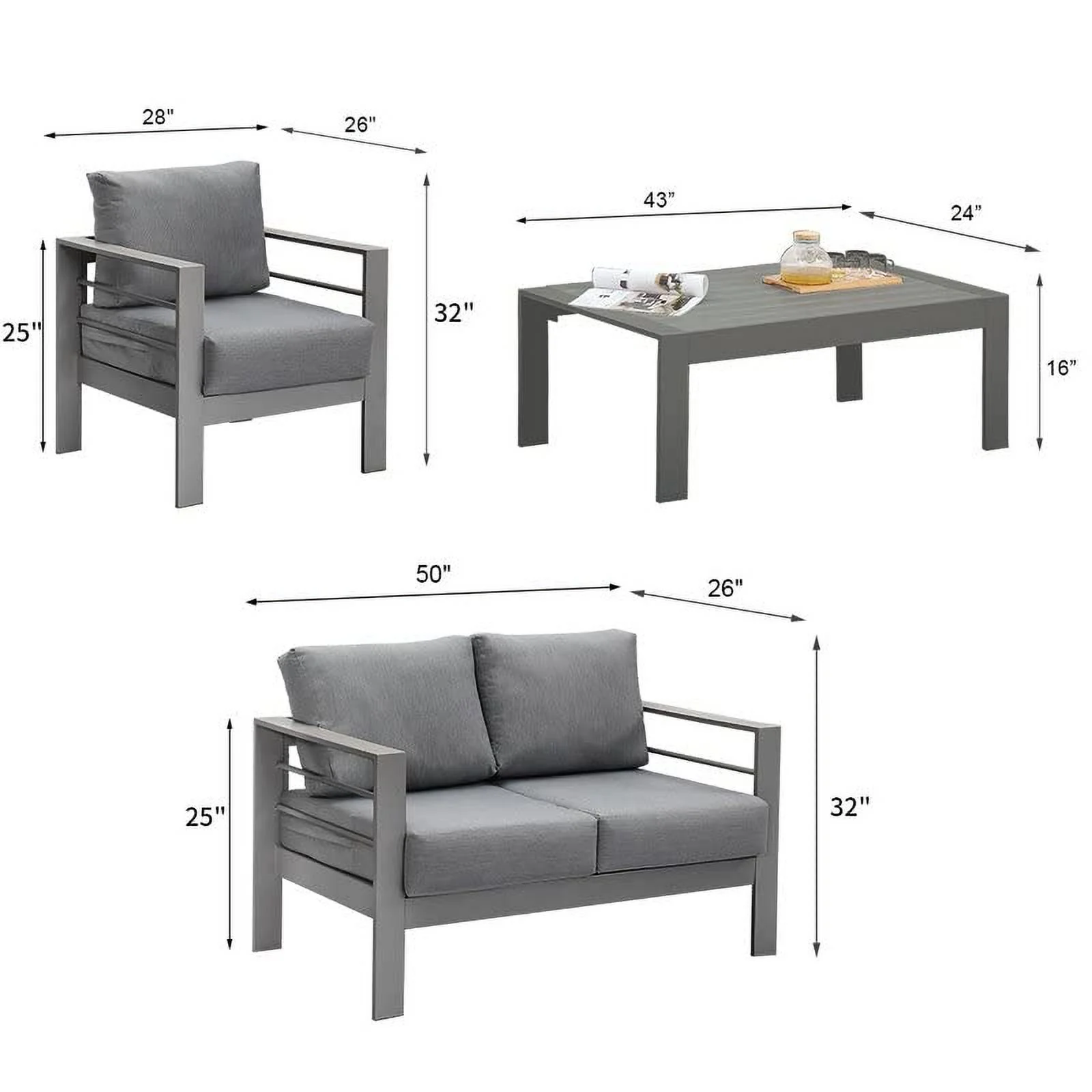 CozyHom 5 Pcs Outdoor Patio Aluminum Furniture Sofa Sets, Outside Patio Conversation Couch Sets With Table&Cushions for Garden Porch, Gray - Image 59