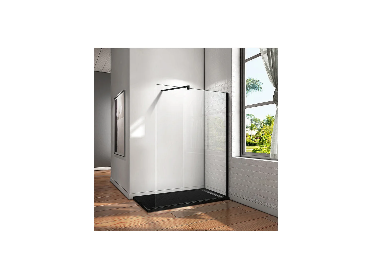 Paroi de douche à l'italienne 100x200cm en verre 8mm securit anticalcaire, avec barre de fixation 140cm en carré - Noir Mat