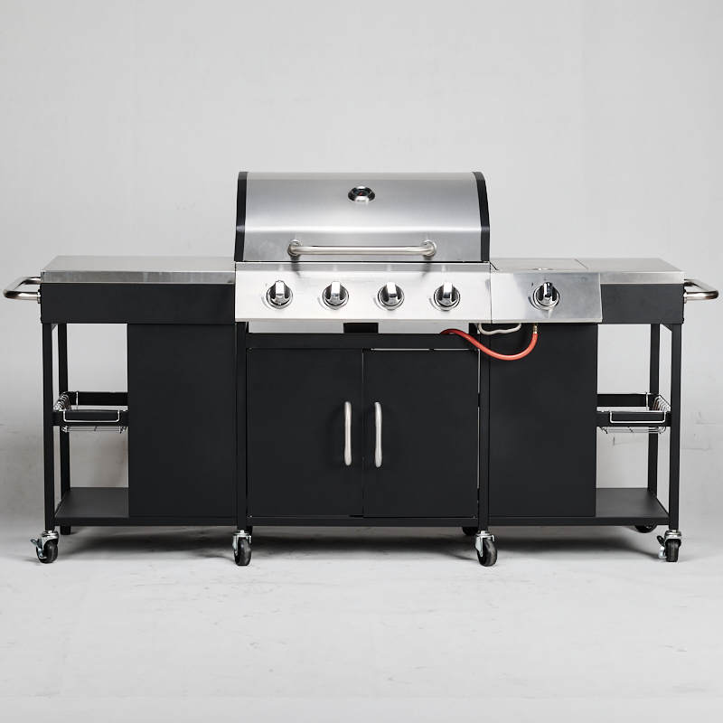 5 Burner Propane Grill Adjustable Portable Folding Modern Outdoor Tabletop BBQ Trolley Easy Assembly Powder Coated Cold Rolled