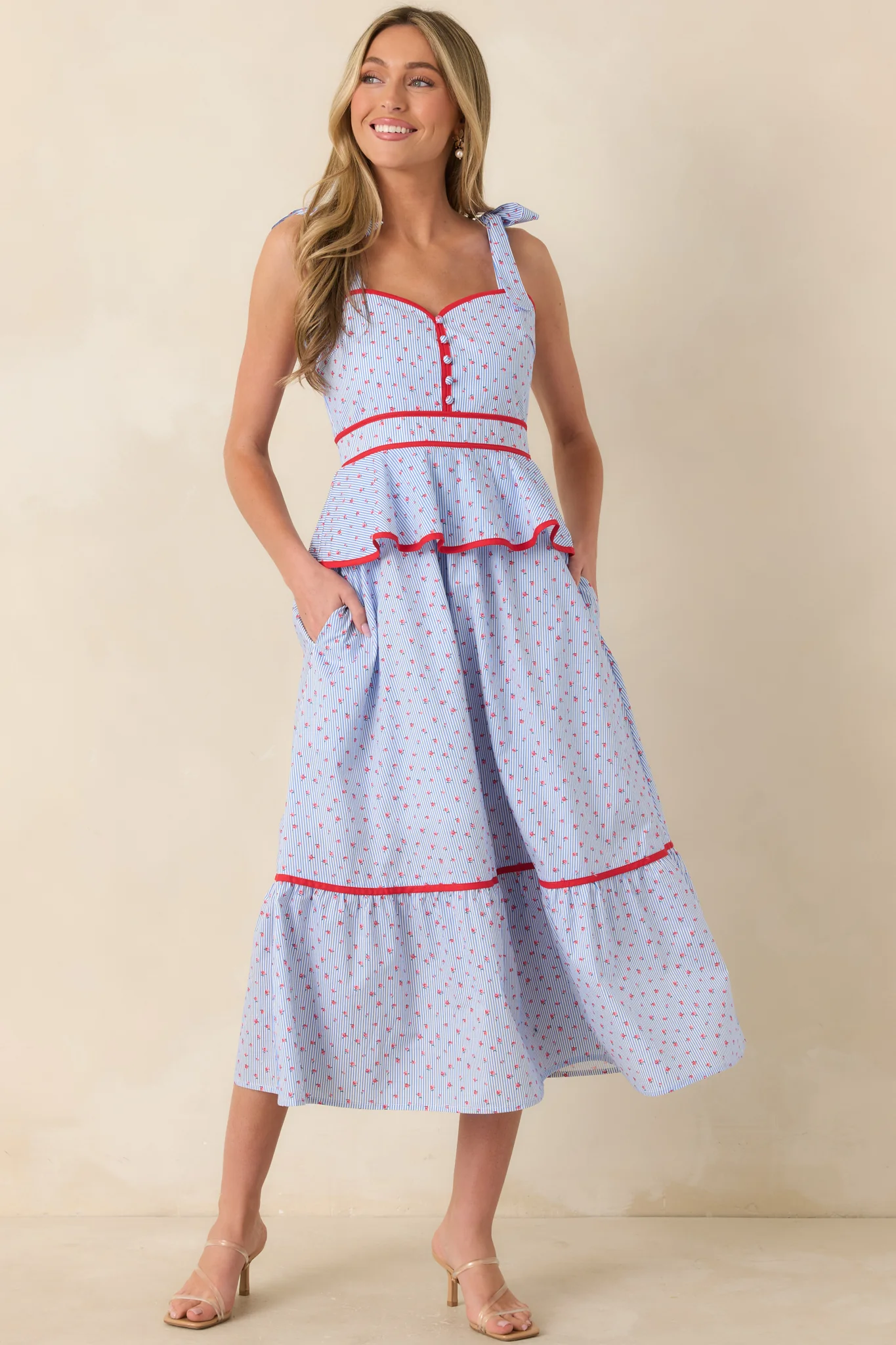 Sweet Tea in July Light Blue & Red Cotton Floral Stripe Peplum Midi Dress