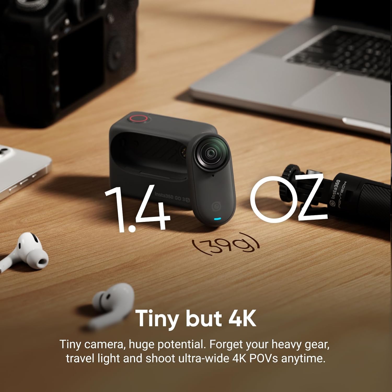 Insta360 GO 3S - 128 GB Black 4K Tiny Portable Vlogging Camera  Hands-Free POVs  Mount Anywhere  Stabilization  140 Min Battery Life  10m Waterproof  Pet POV